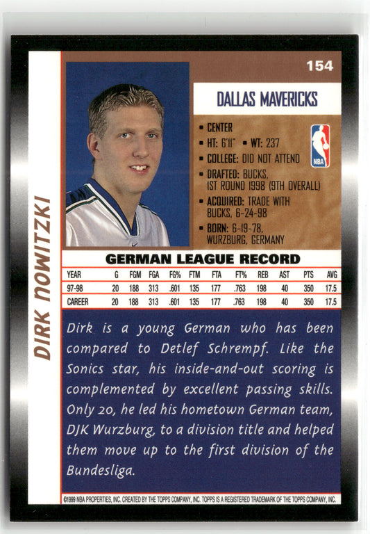 Basketball NBA Dirk Nowitzki 1998 Topps Basketball #154 Rookie Card Dallas Mavericks Rookie Card RC Trading Card Original