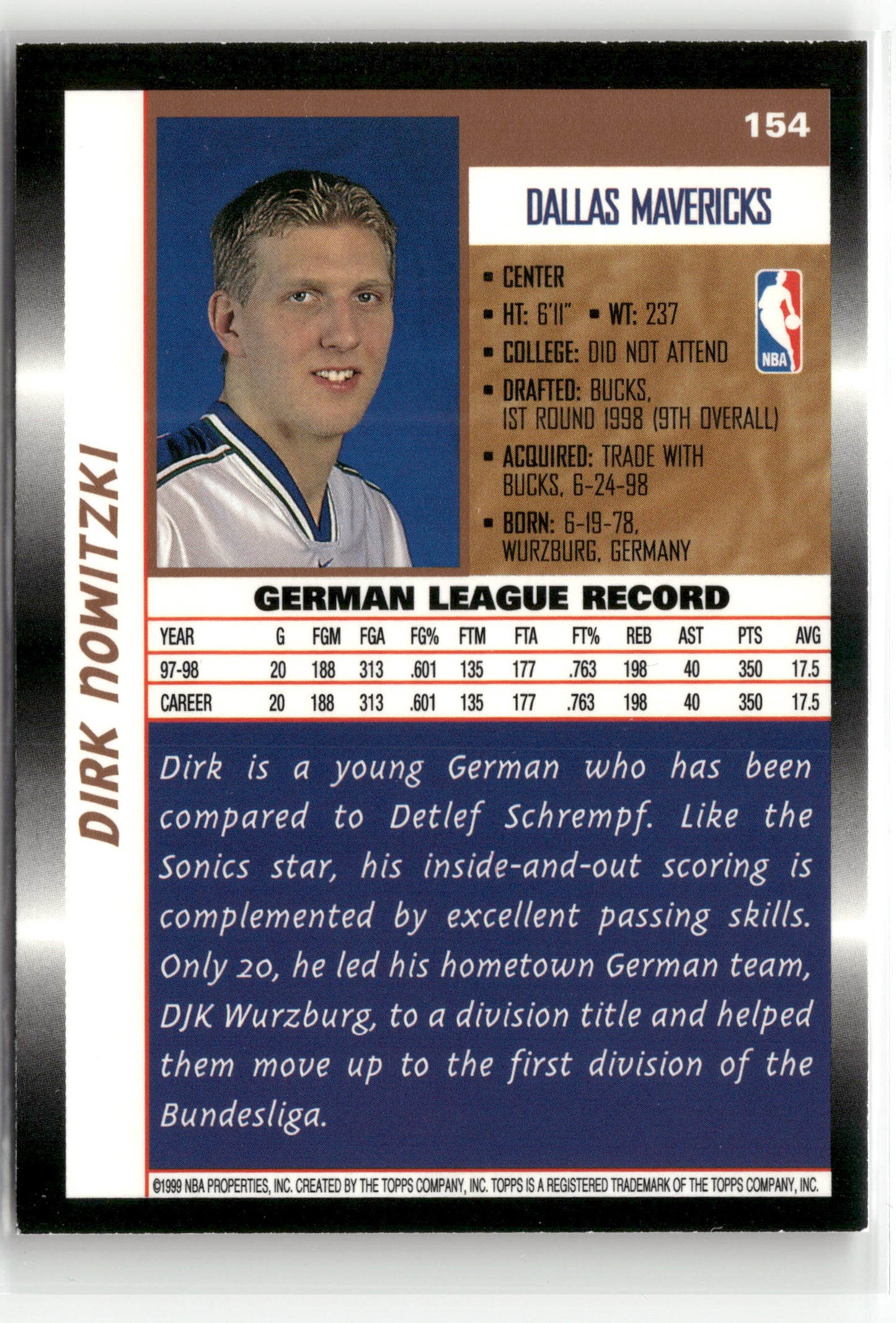 Basketball NBA Dirk Nowitzki 1998 Topps Basketball #154 Rookie Card Dallas Mavericks Rookie Card RC Trading Card Original