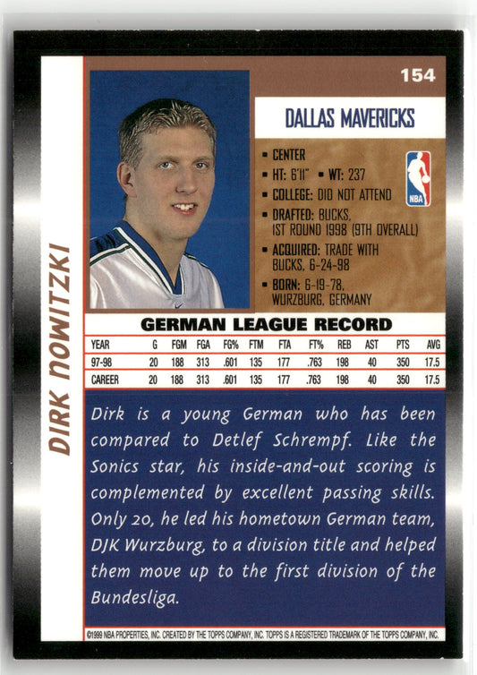 Basketball NBA Dirk Nowitzki 1998 Topps Basketball #154 Rookie Card Dallas Mavericks Rookie Card RC Trading Card Original