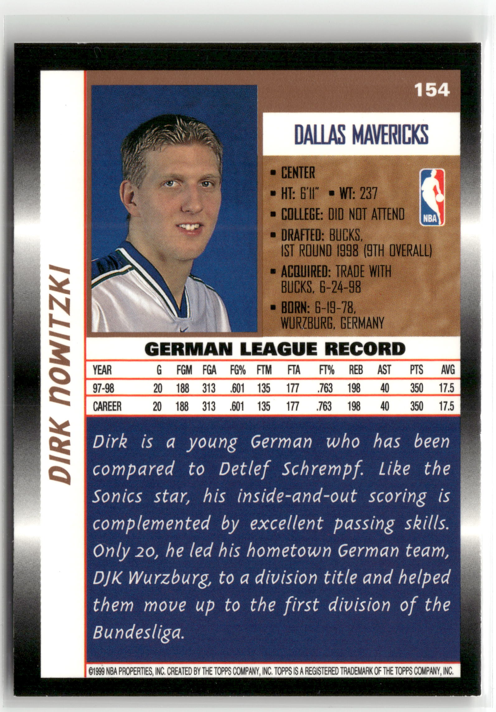 Basketball NBA Dirk Nowitzki 1998 Topps Basketball #154 Rookie Card Dallas Mavericks Rookie Card RC Trading Card Original
