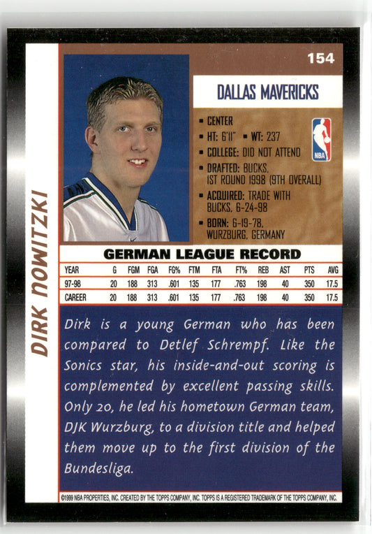 Basketball NBA Dirk Nowitzki 1998 Topps Basketball #154 Rookie Card Dallas Mavericks Rookie Card RC Trading Card Original