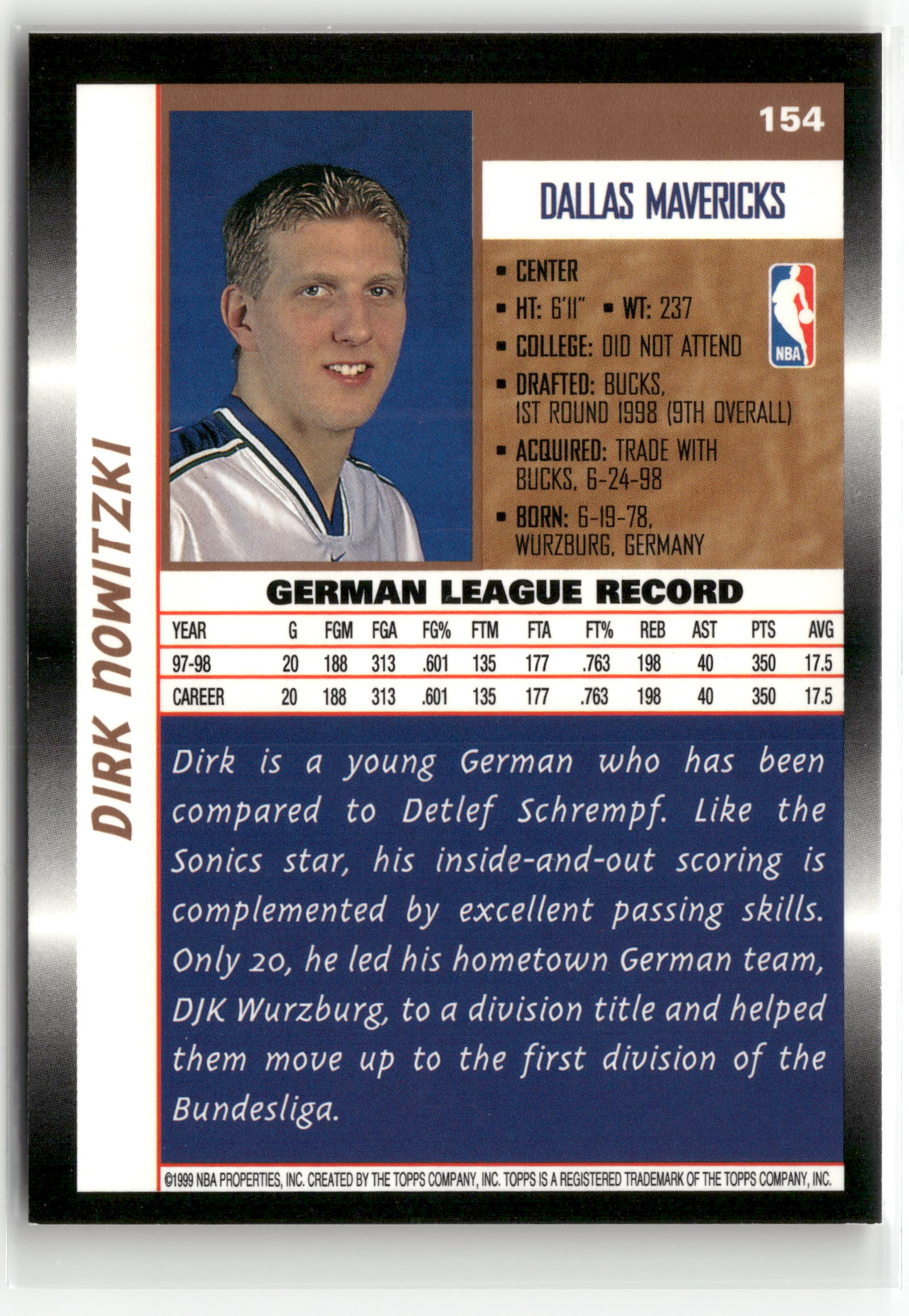 Basketball NBA Dirk Nowitzki 1998 Topps Basketball #154 Rookie Card Dallas Mavericks Rookie Card RC Trading Card Original