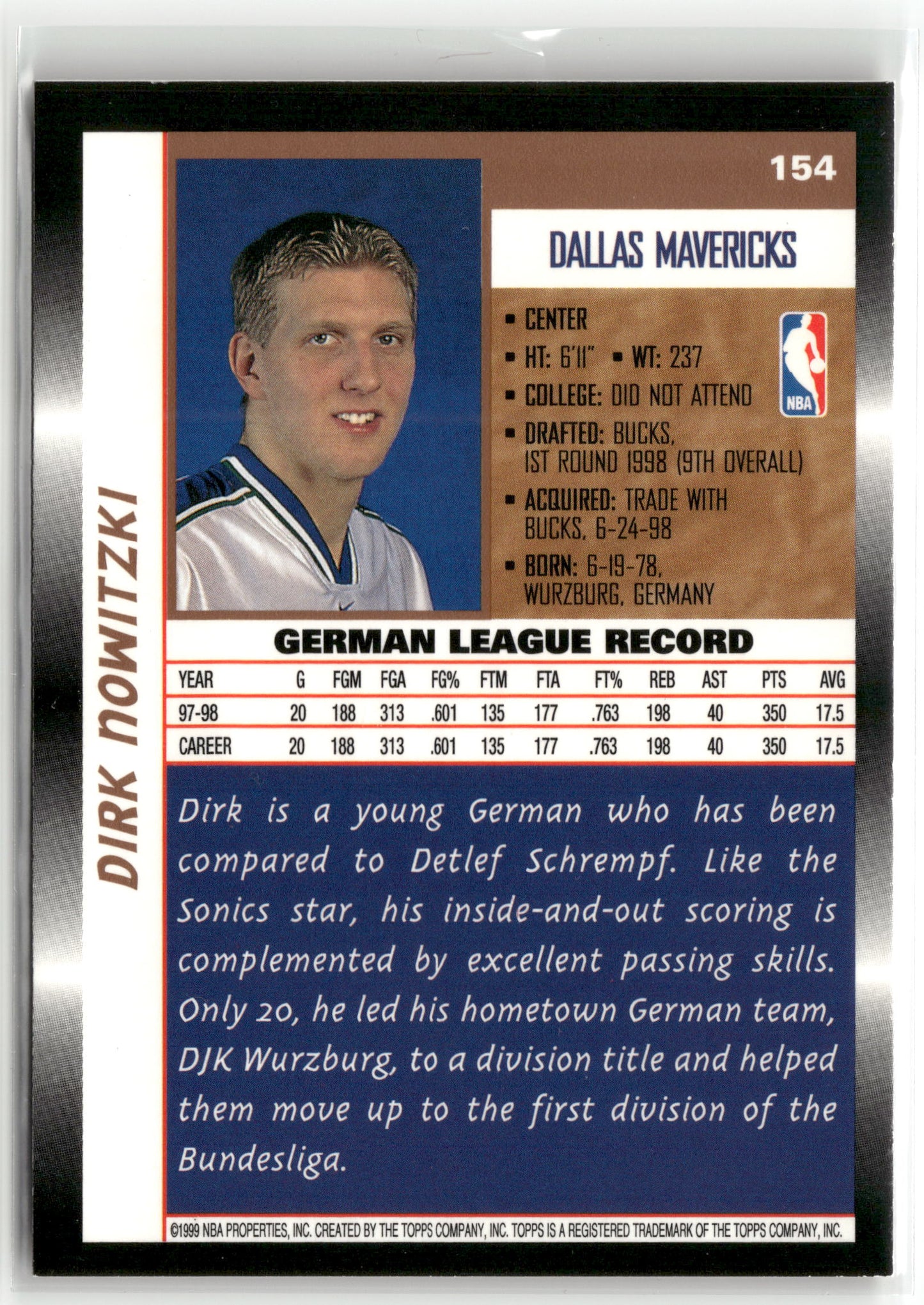 Basketball NBA Dirk Nowitzki 1998-99 Topps #154 Dallas Mavericks Rookie Card RC Trading Card Original