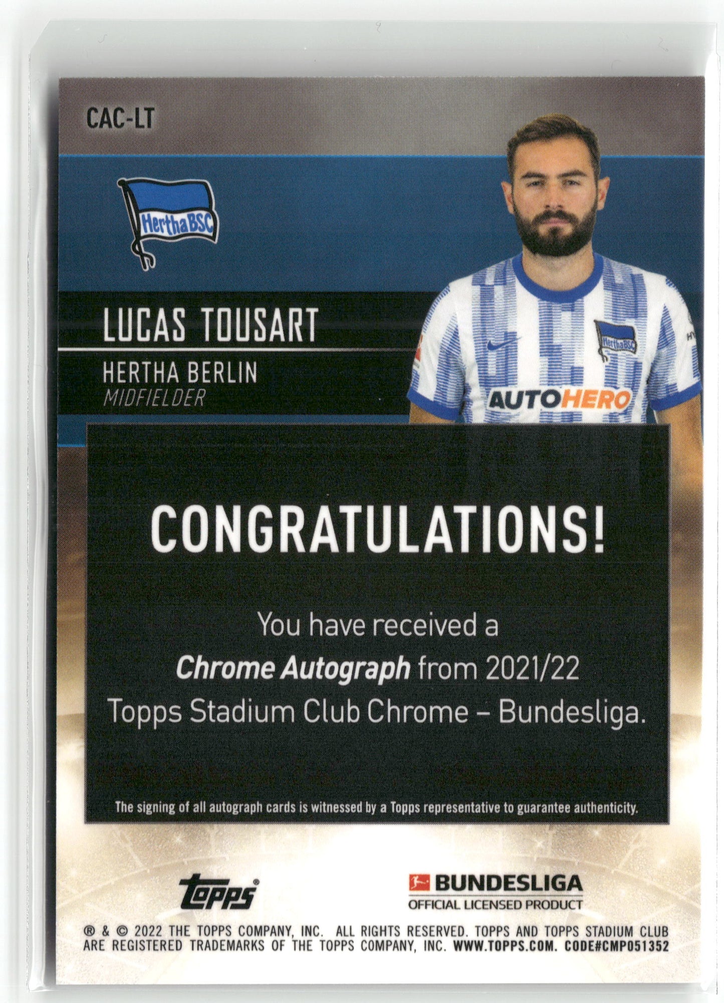Fußball Lucas Tousart 2021/22 Topps Stadium Club Chrome Bundesliga #CAC-LT Auto Hertha Berlin Trading Card Original