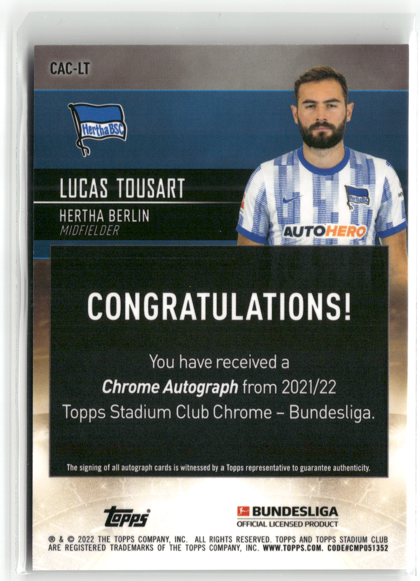 Fußball Lucas Tousart 2021/22 Topps Stadium Club Chrome Bundesliga #CAC-LT Auto Hertha Berlin Trading Card Original