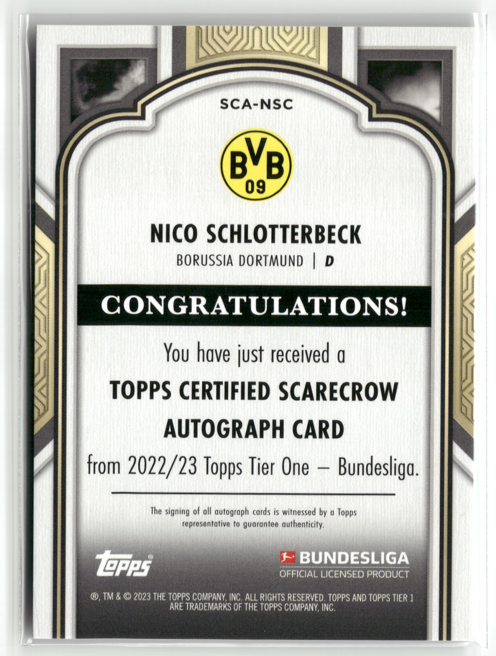 Fußball Nico Schlotterbeck 2022-23 Topps Tier One Bundesliga #SCA-NSC Auto 119/120 Borussia Dortmund Trading Card Original