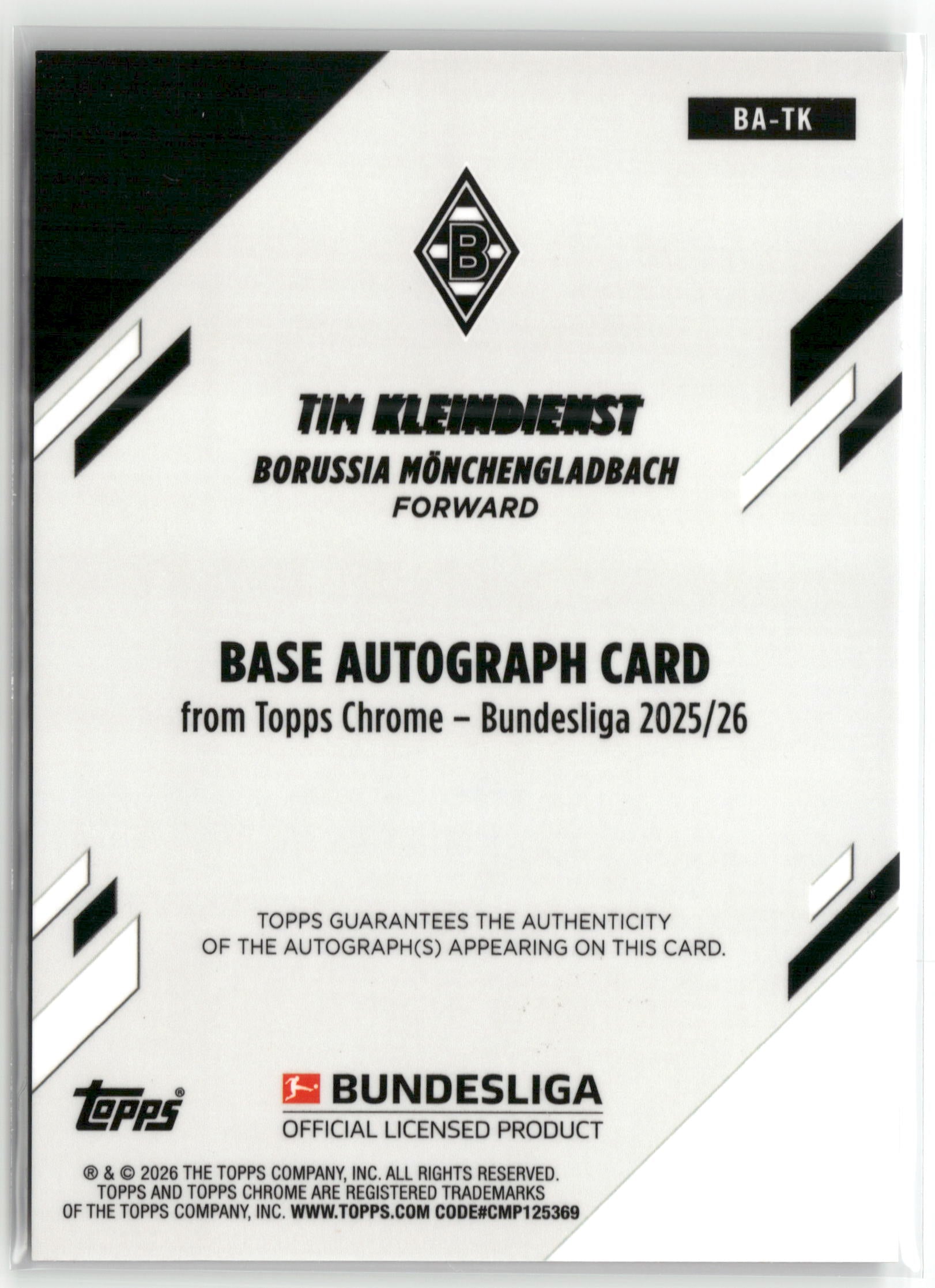 Fußball Tim Kleindienst 2025-26 Topps Chrome Bundesliga #BA-TK Black Wave Auto 07/10 Borussia Mönchengladbach Trading Card Original