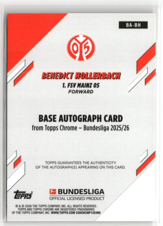 Fußball Benedict Hollerbach 2025-26 Topps Chrome Bundesliga #BA-BH Orange Wave Auto /25 1. FSV Mainz 05 Trading Card Original