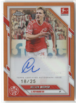 Fußball Nelson Weiper 2025-26 Topps Chrome Bundesliga #BA-NW True Orange Auto 18/25 1. FSV Mainz 05 Trading Card Original