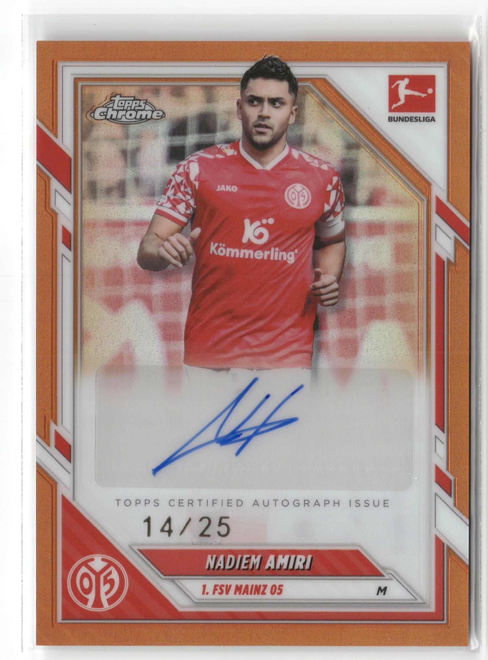 Fußball Nadiem Amiri 2025-26 Topps Chrome Bundesliga #BA-NAM True Orange Auto 14/25 1. FSV Mainz 05 Trading Card Original
