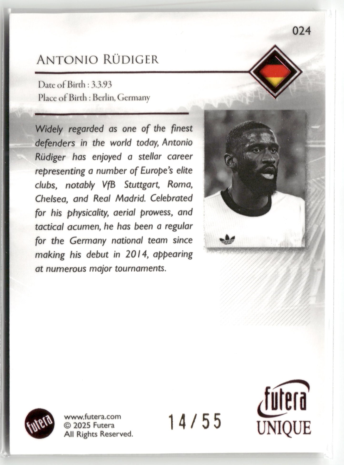 Fußball Antonio Rüdiger 2025 Futera Unique #024 Pink /55 Germany Trading Card Original