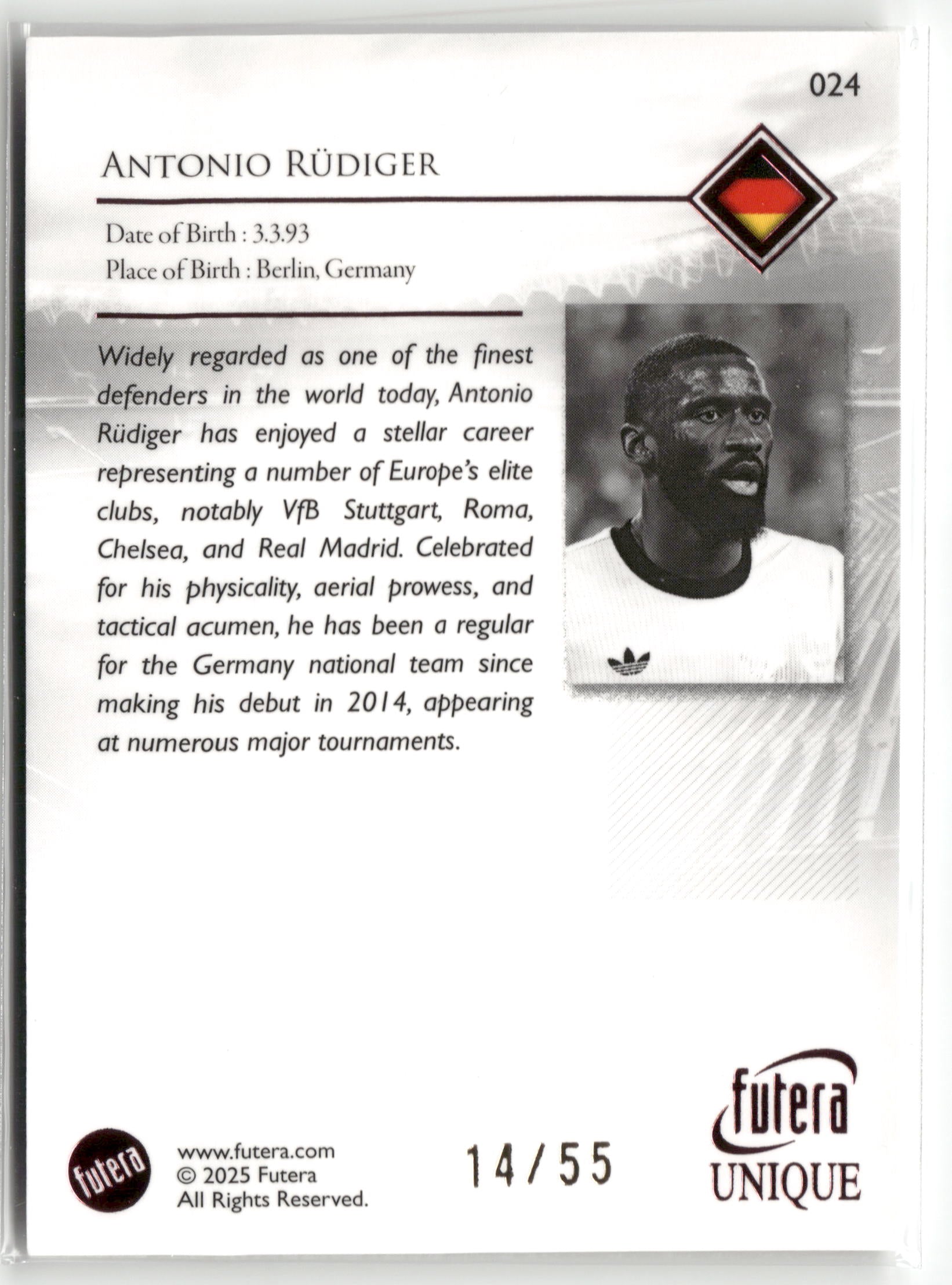 Fußball Antonio Rüdiger 2025 Futera Unique #024 Pink /55 Germany Trading Card Original