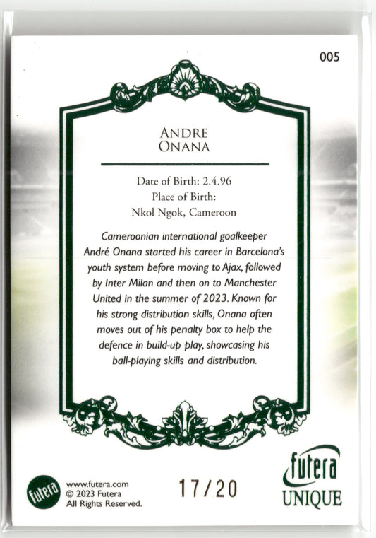 Fußball Andre Onana Futera Unique 2023 #005 Green /20 Cameroon Trading Card Original