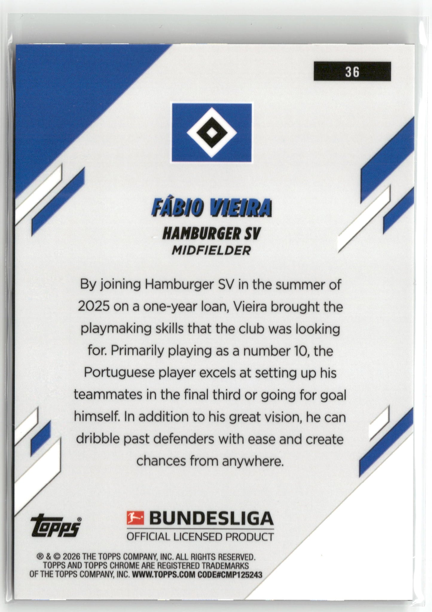 Fußball Fábio Vieira 2025-26 Topps Chrome Bundesliga #36 Sapphire Black 07/10 Hamburger SV Trading Card Original