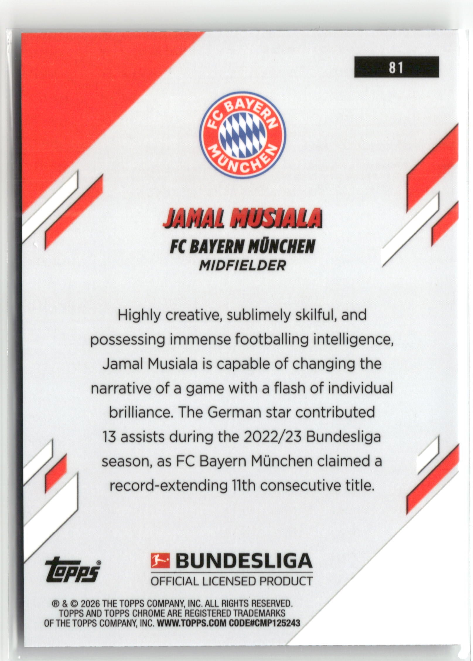 Fußball Jamal Musiala Topps Chrome Bundesliga 2023-24 #81 Toppsfractor /52 FC Bayern München Trading Card Original