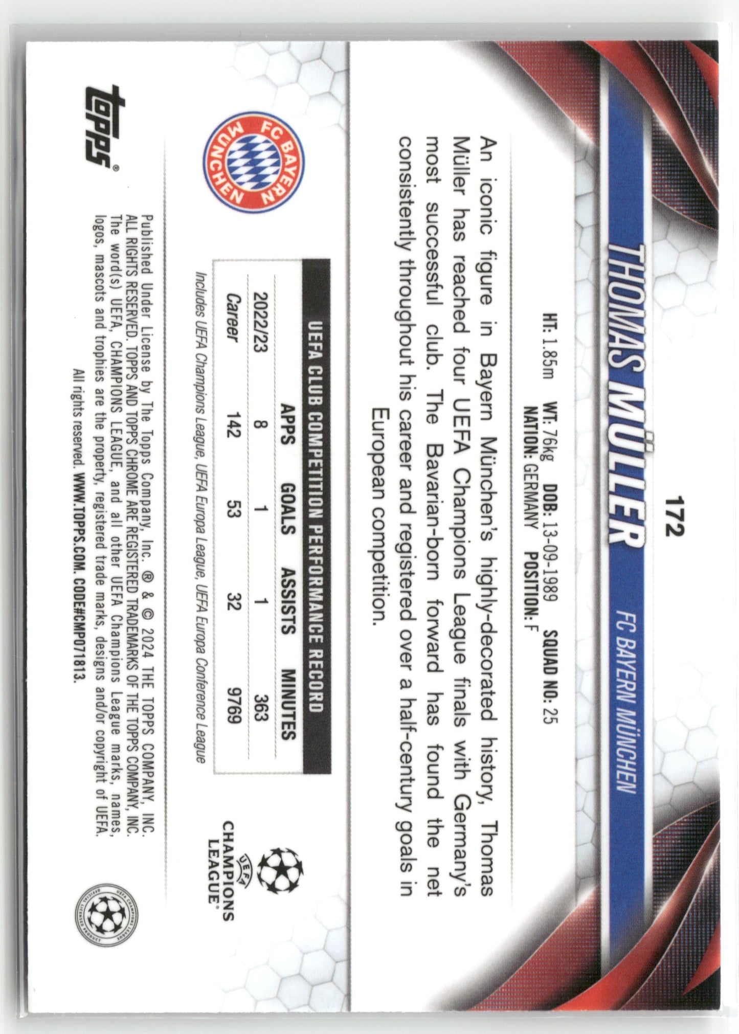 Fußball Thomas Müller 2023-24 Topps Chrome UEFA Champions League #172 Prism Refractor FC Bayern München Trading Card Original