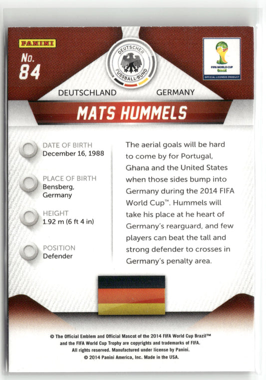 Fußball Mats Hummels 2014 Panini Prizm FIFA World Cup #84 Germany Trading Card Original