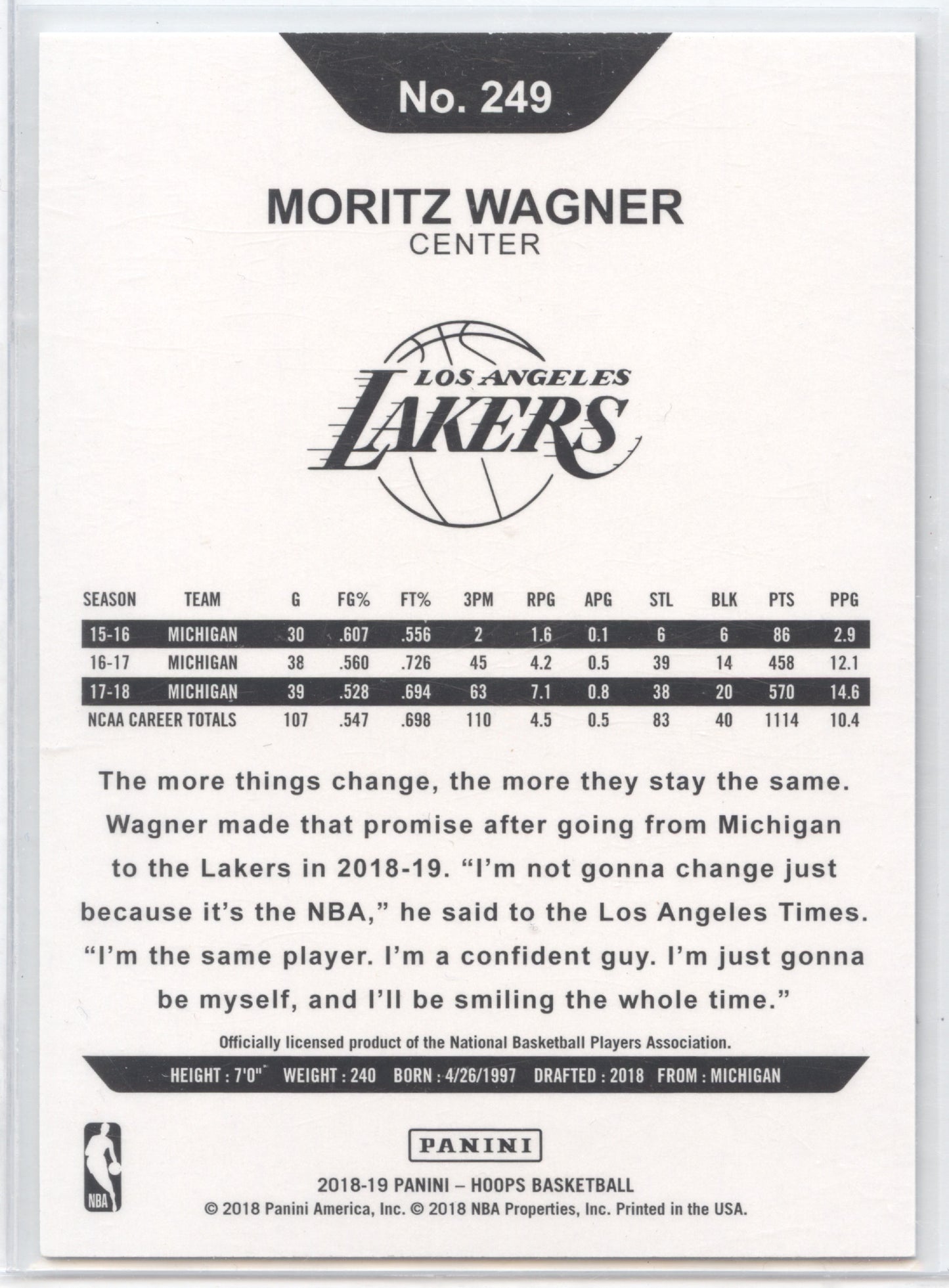 Basketball NBA Moritz Wagner 2018-19 NBA Hoops #249 Artist Proof 14/25 Los Angeles Lakers Rookie Card RC Trading Card Original