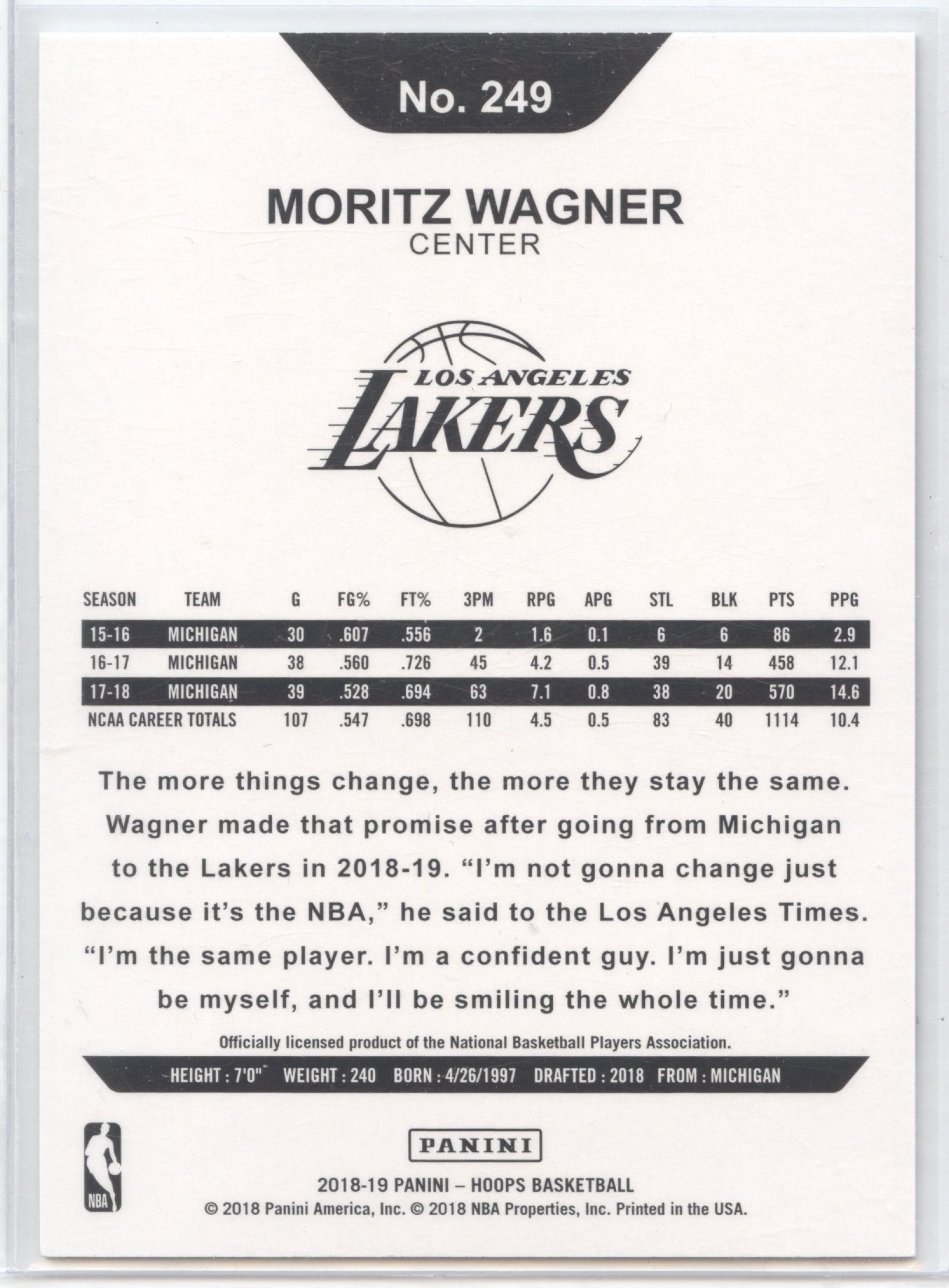 Basketball NBA Moritz Wagner 2018-19 NBA Hoops #249 Artist Proof 14/25 Los Angeles Lakers Rookie Card RC Trading Card Original
