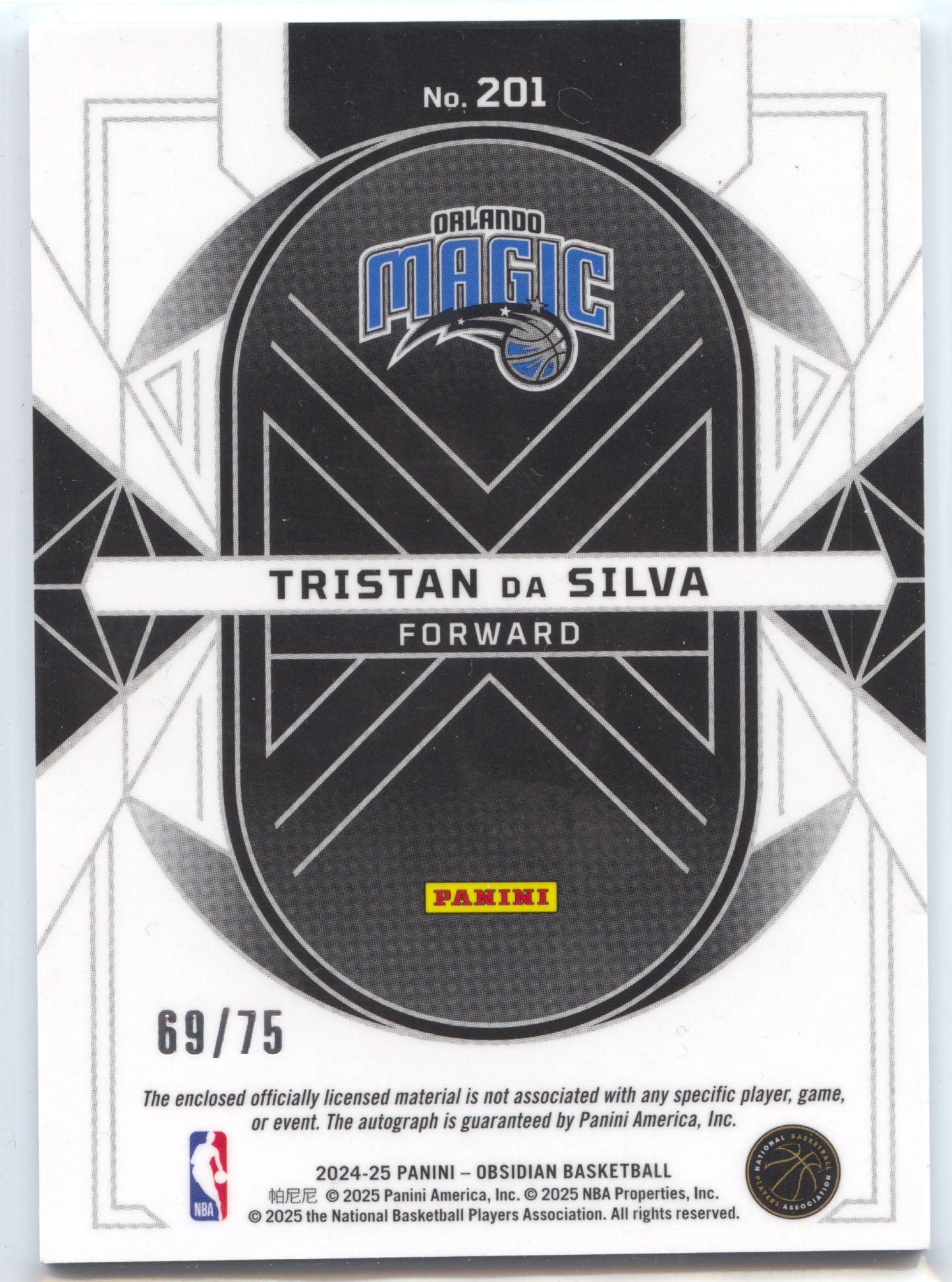 Basketball NBA Tristan da Silva 2024-25 Panini Obsidian Basketball #201 Purple Rookie Auto Relic /75 Orlando Magic Rookie Card RC Trading Card Original
