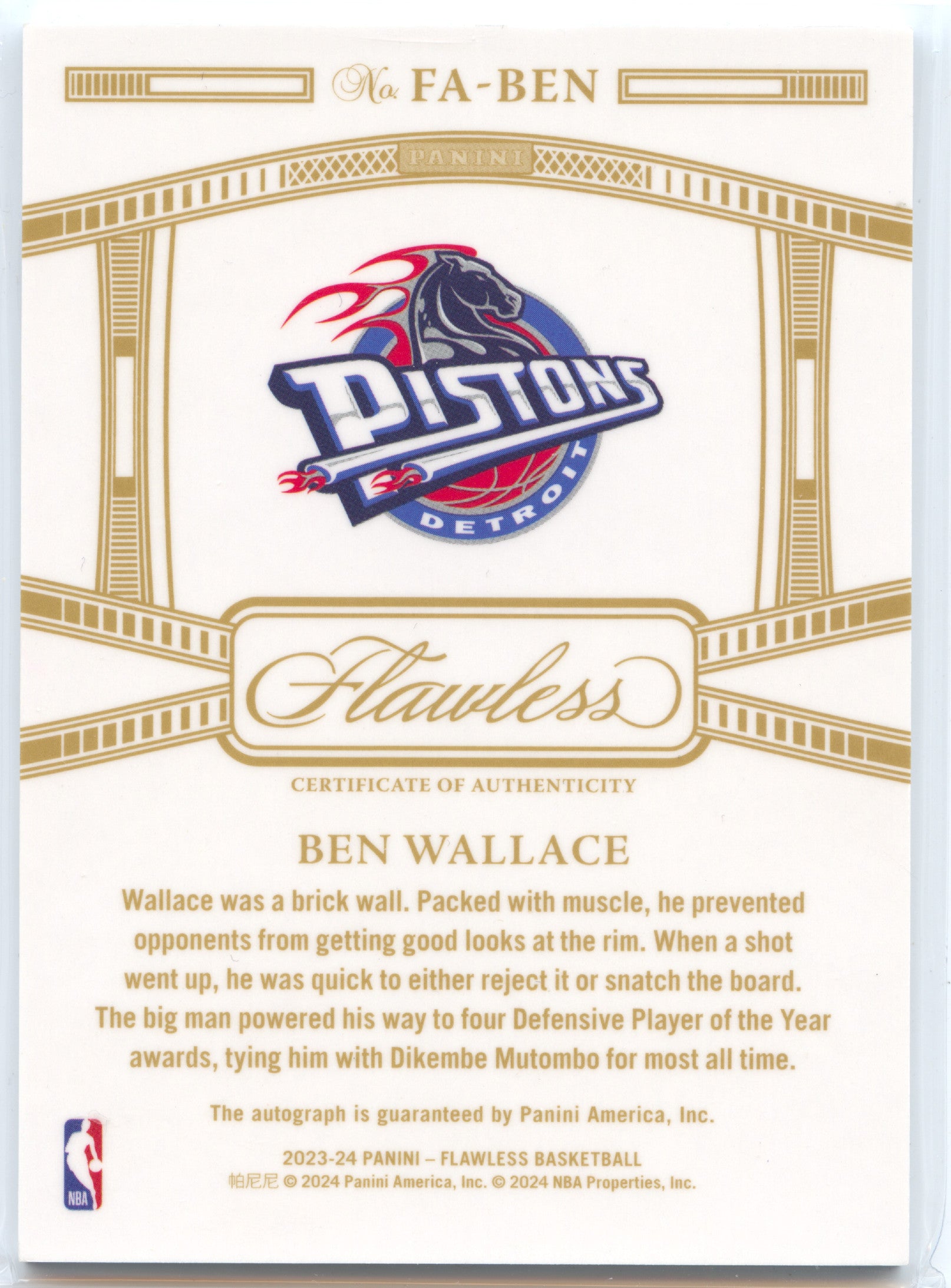 Basketball NBA Ben Wallace 2023-24 Panini Flawless Basketball #FA-BEN Achievements Auto 20/25 Detroit Pistons Trading Card Original