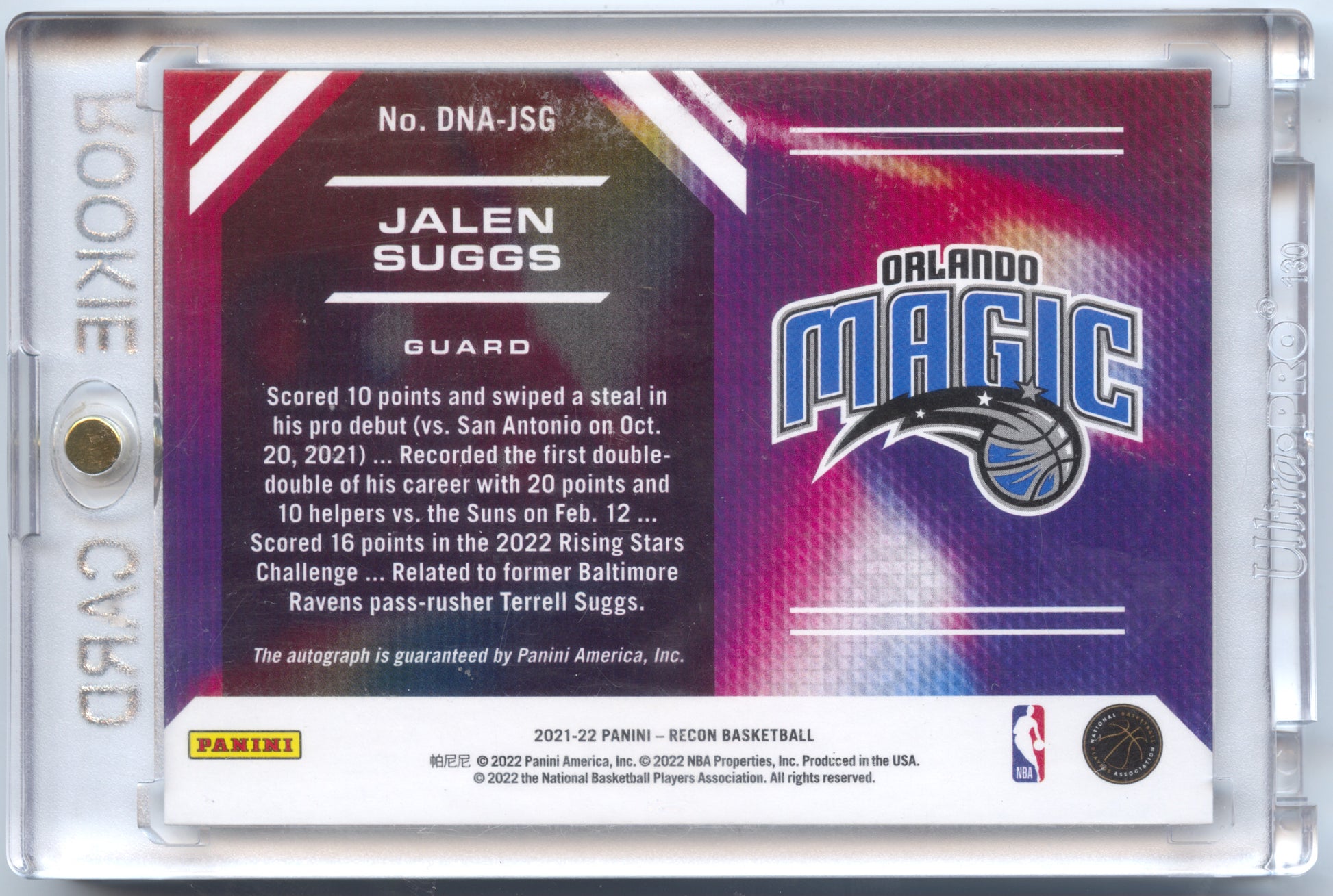 Basketball NBA Jalen Suggs 2021-22 Panini Recon Basketball #DNA-JSG Rookie Auto DNA 08/10 Orlando Magic Rookie Card RC Trading Card Original