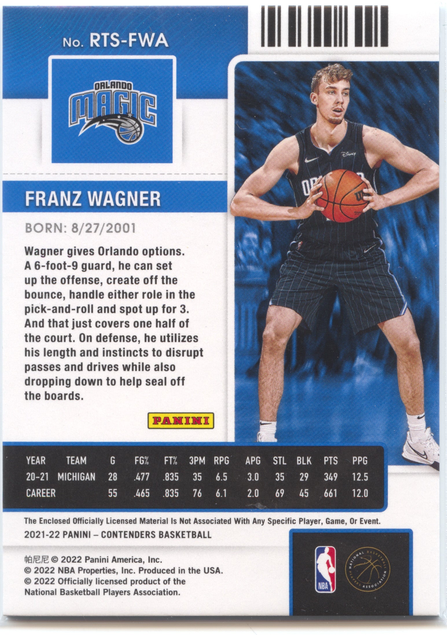 Basketball NBA Franz Wagner 2021-22 Panini Contenders Basketball #RTS-FWA Rookie Relic Orlando Magic Rookie Card RC Trading Card Original