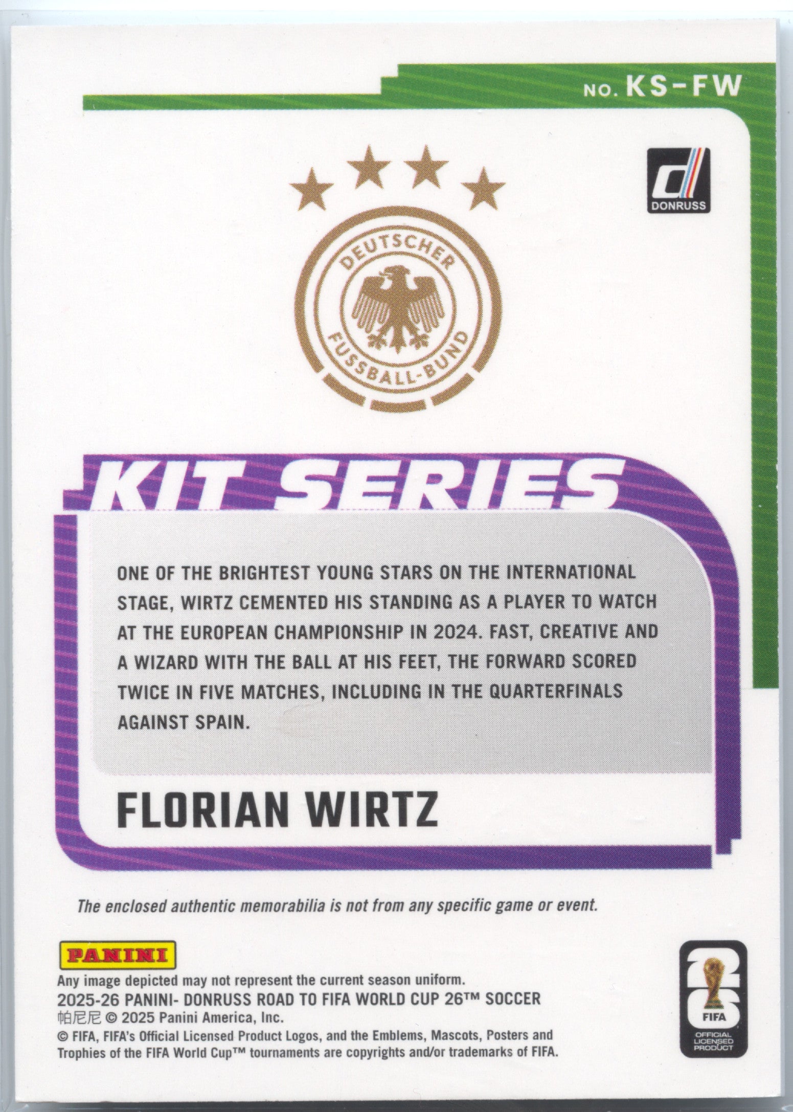 Fußball Florian Wirtz 2025-26 Panini Donruss Road to FIFA World Cup 26 Soccer #KS-FW Kit-Series Germany Trading Card Original