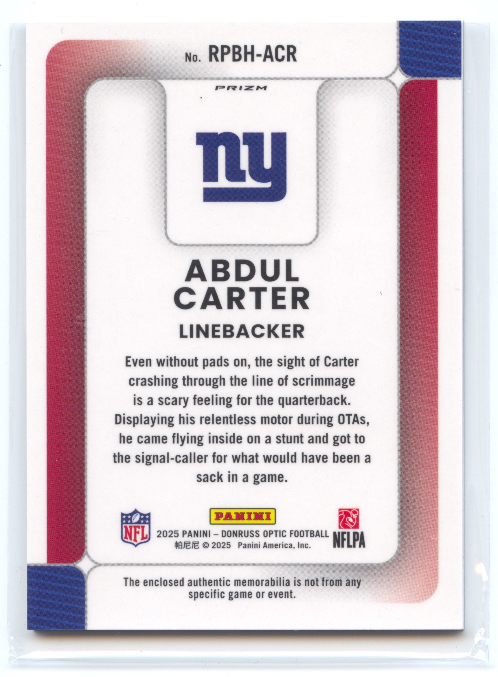 American Football NFL Abdul Carter 2025 Panini Donruss Optic Football #RPBH-ACR Rookie Relic New York Giants Rookie Card RC Trading Card Original