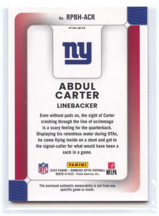 American Football NFL Abdul Carter 2025 Panini Donruss Optic Football #RPBH-ACR Rookie Relic New York Giants Rookie Card RC Trading Card Original