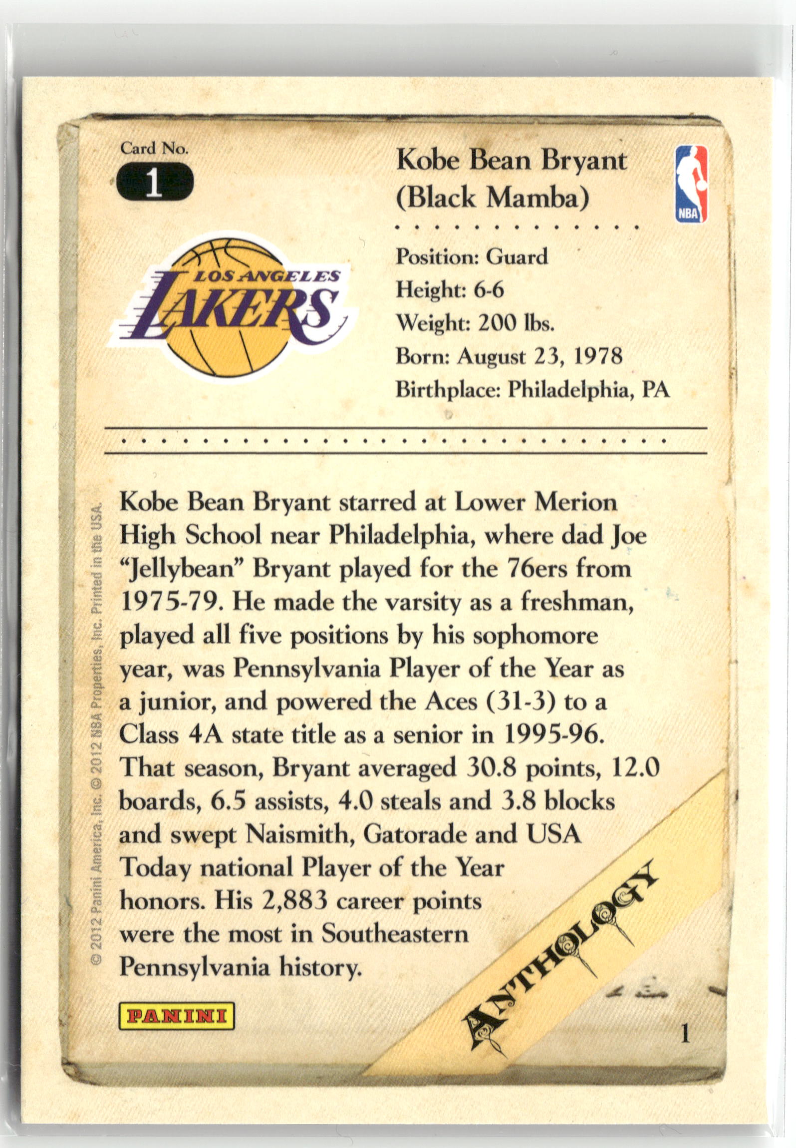 Basketball NBA Kobe Bryant 2012 Panini Kobe Anthology #1 Los Angeles Lakers Trading Card Original