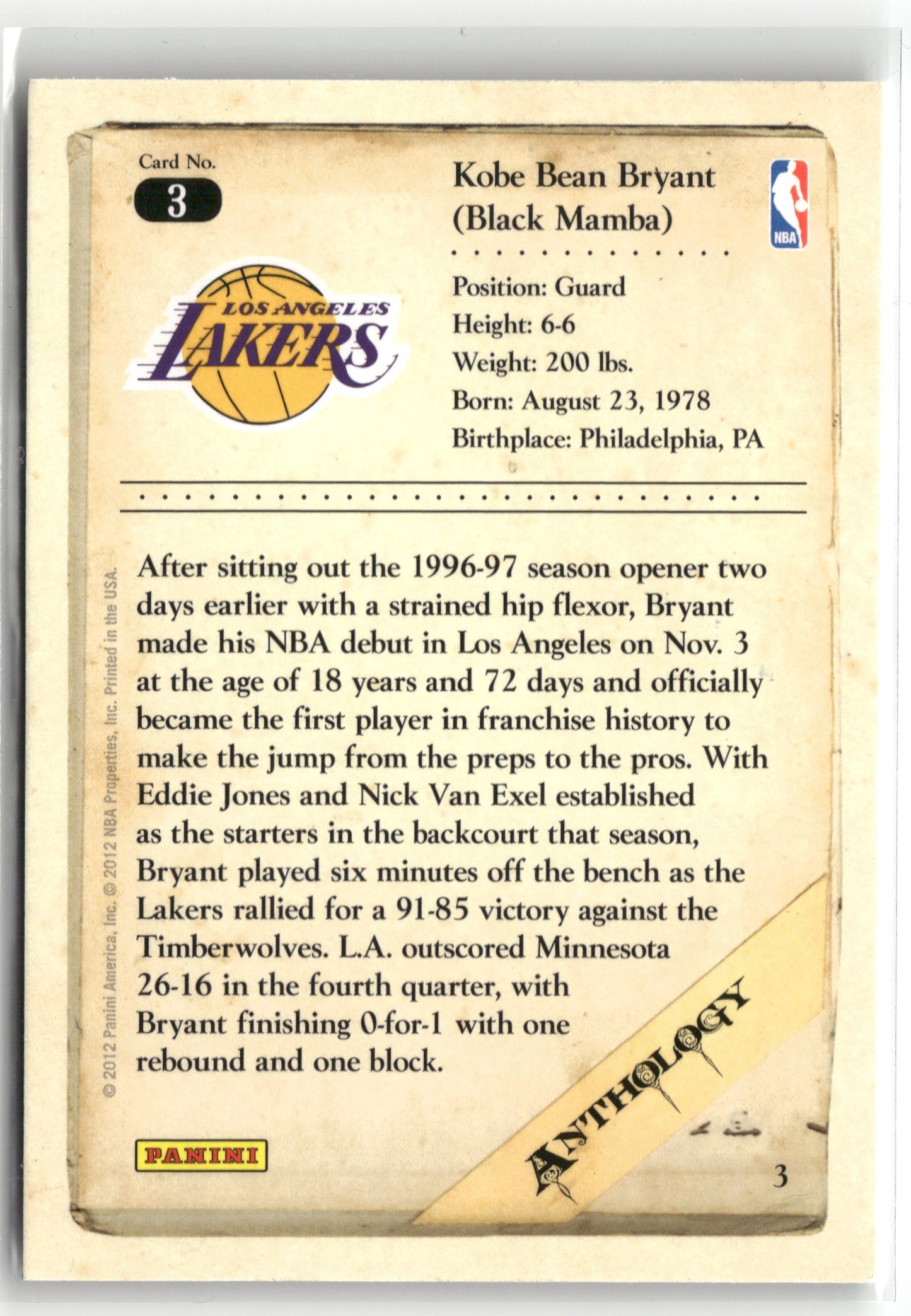 Basketball NBA Kobe Bryant 2012 Panini Kobe Anthology #3 Los Angeles Lakers Trading Card Original