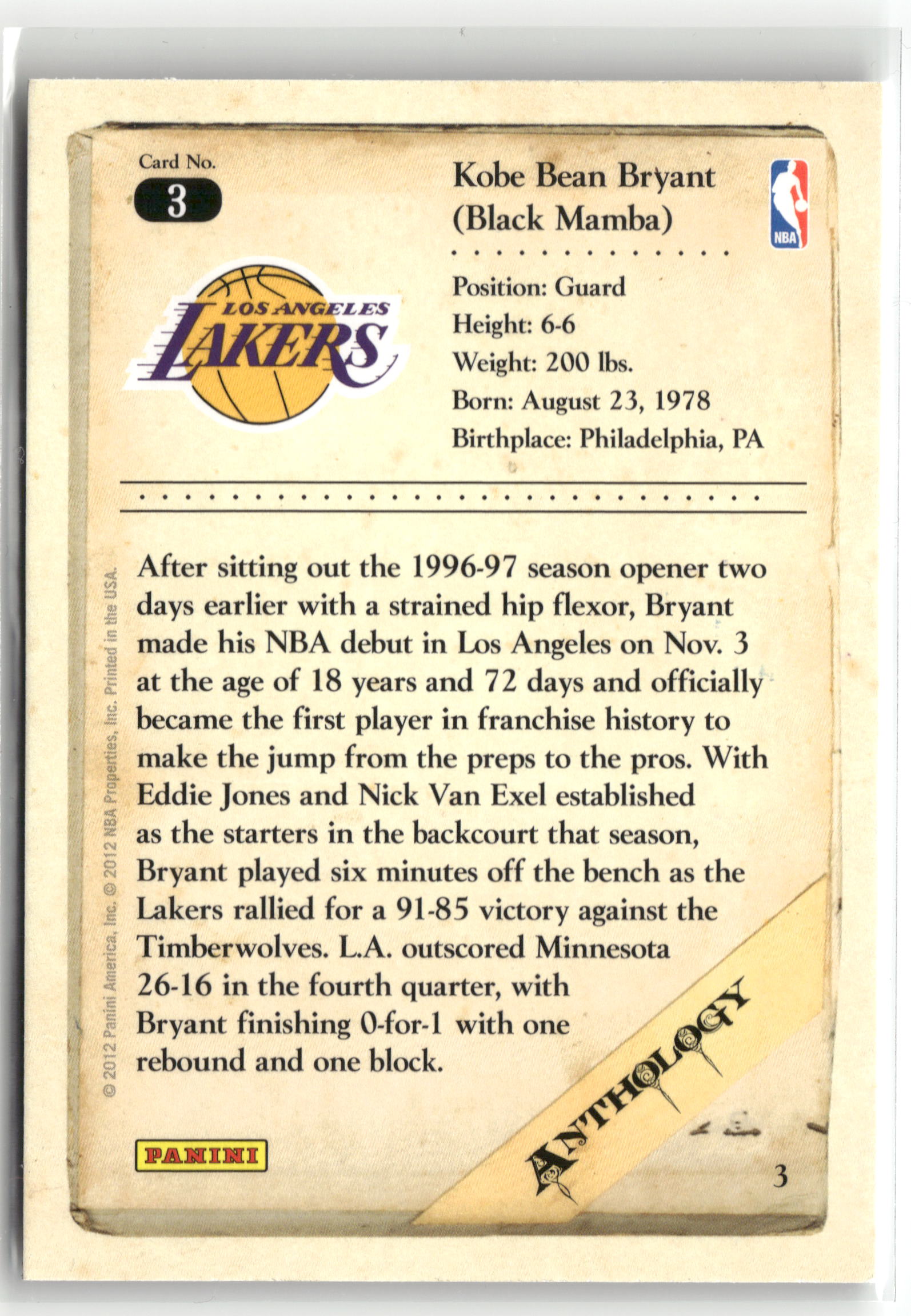 Basketball NBA Kobe Bryant 2012 Panini Kobe Anthology #3 Los Angeles Lakers Trading Card Original