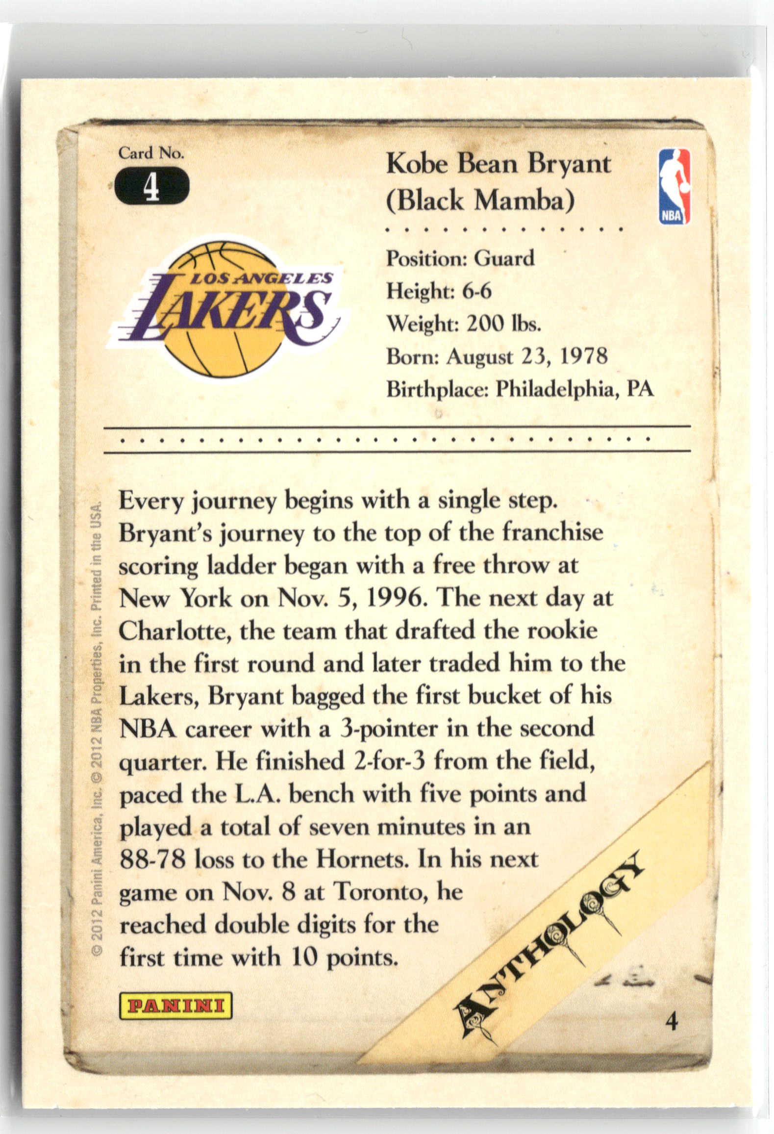 Basketball NBA Kobe Bryant 2012 Panini Kobe Anthology #4 Los Angeles Lakers Trading Card Original