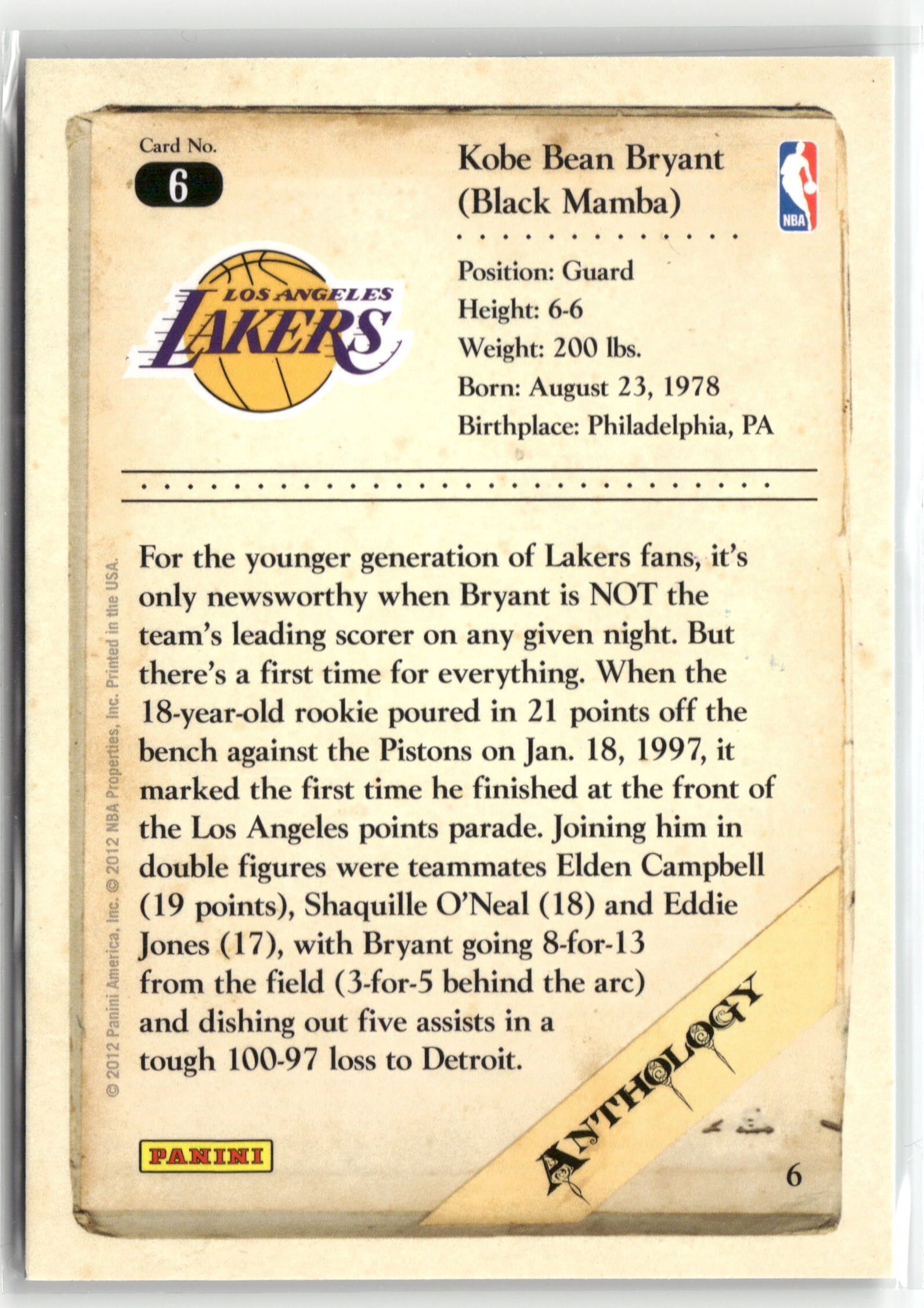 Basketball NBA Kobe Bryant 2012 Panini Kobe Anthology #6 Los Angeles Lakers Trading Card Original