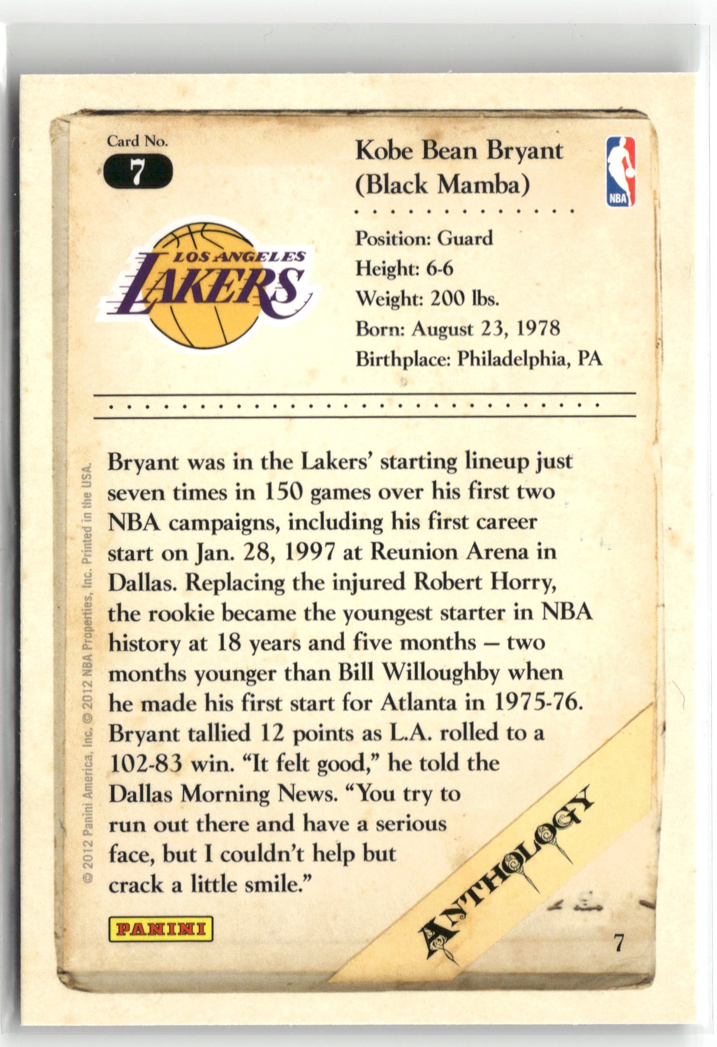Basketball NBA Kobe Bryant 2012 Panini Kobe Anthology #7 Los Angeles Lakers Trading Card Original