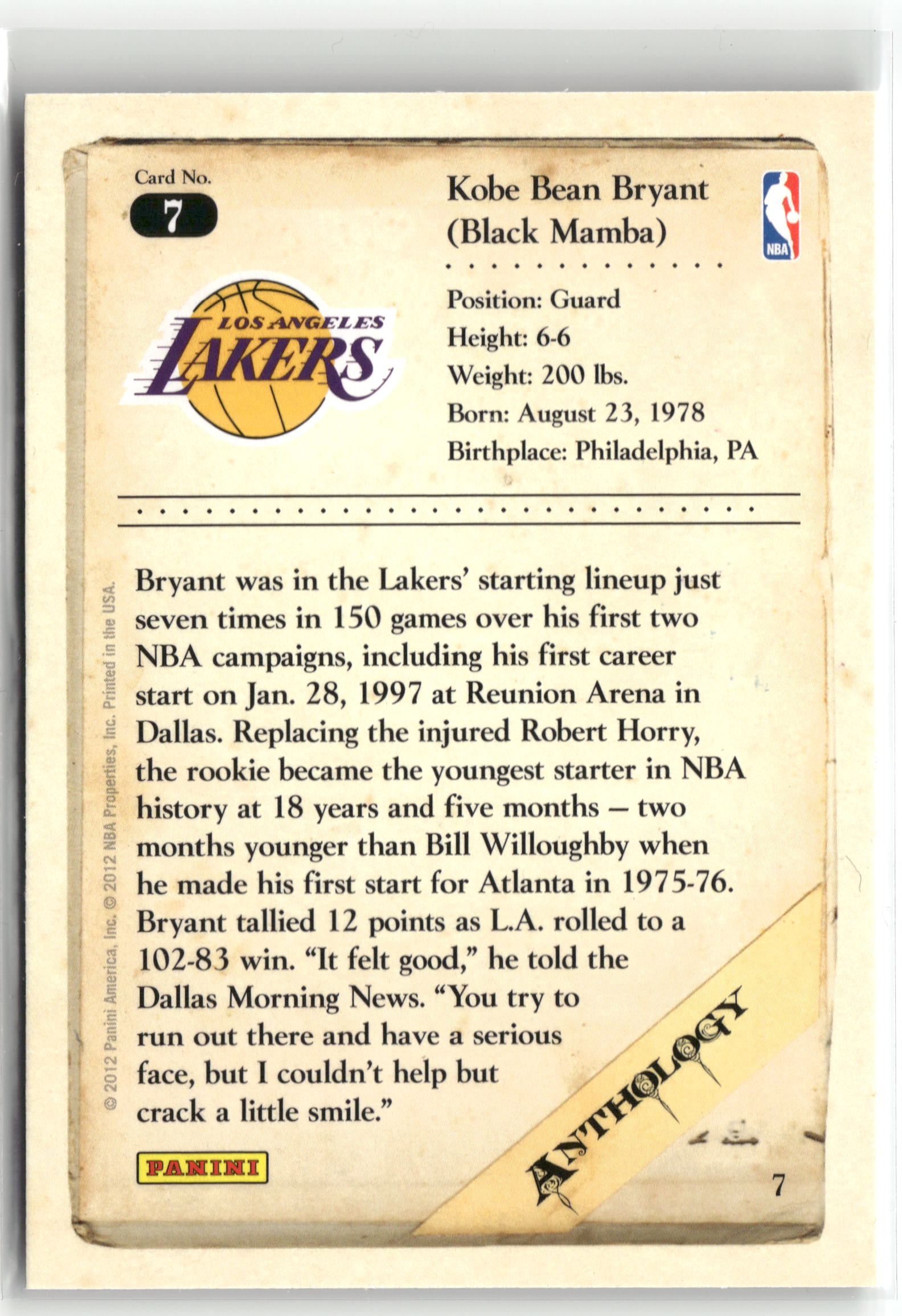 Basketball NBA Kobe Bryant 2012 Panini Kobe Anthology #7 Los Angeles Lakers Trading Card Original