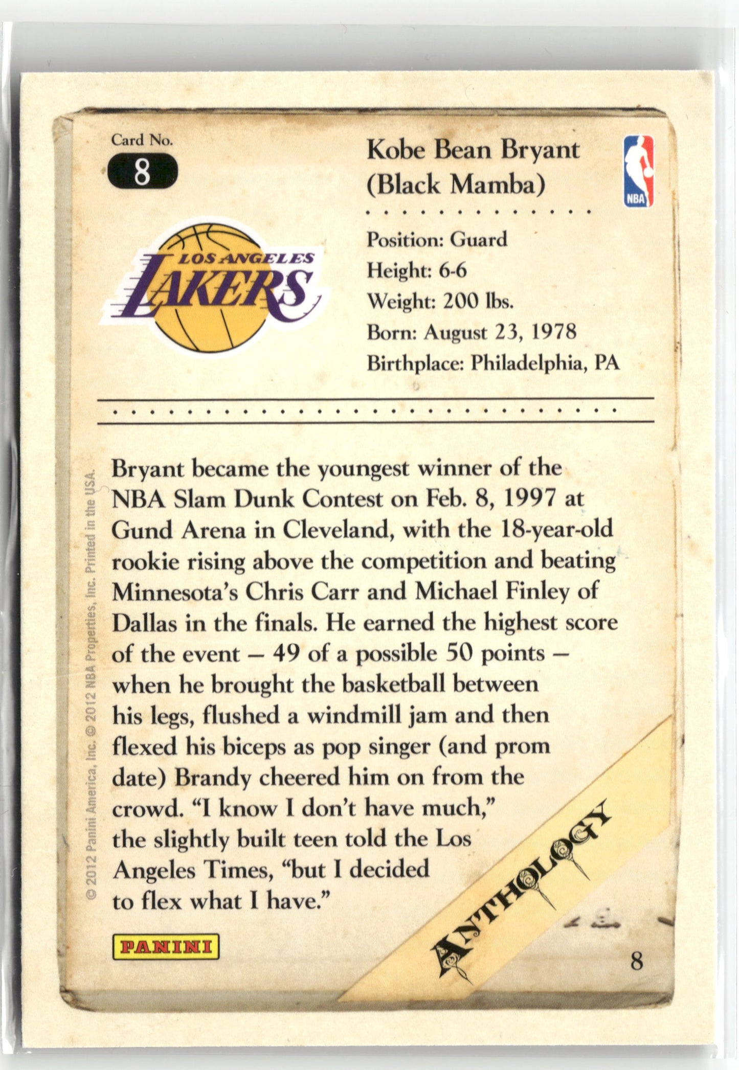 Basketball NBA Kobe Bryant 2012 Panini Kobe Anthology #8 Los Angeles Lakers Trading Card Original