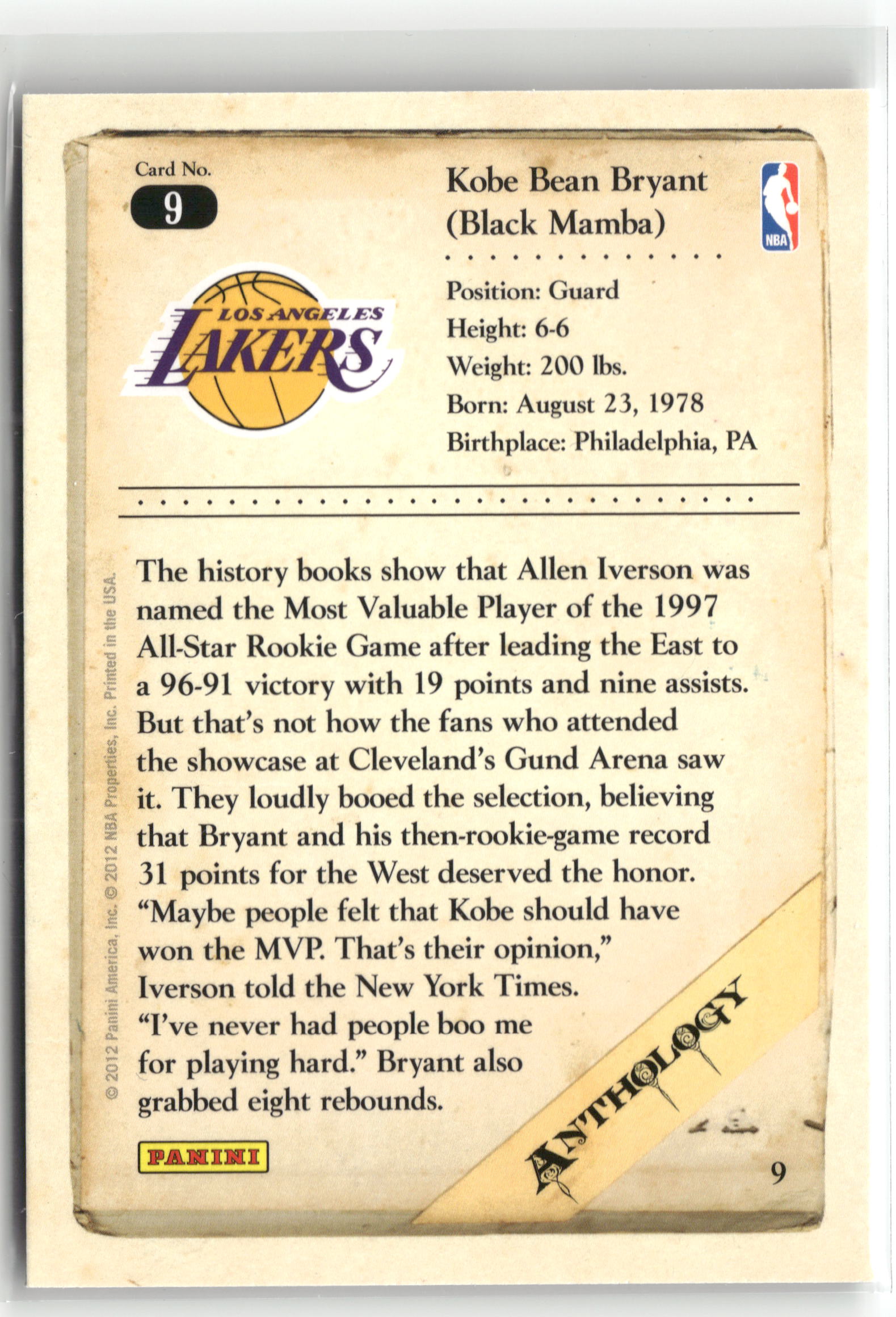 Basketball NBA Kobe Bryant 2012 Panini Kobe Anthology #9 Los Angeles Lakers Trading Card Original