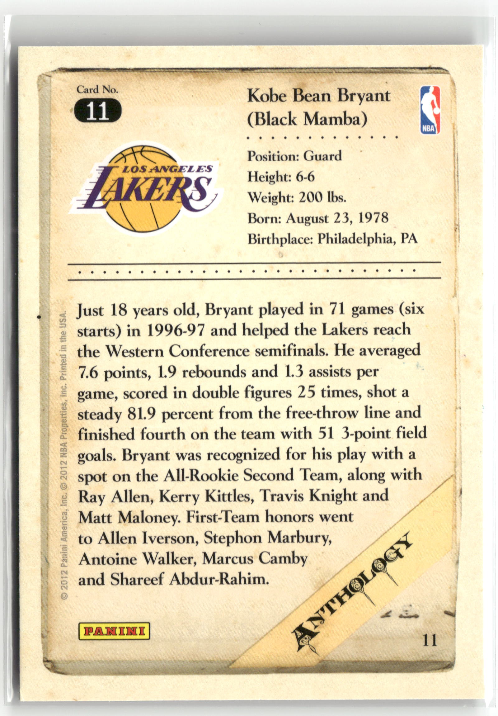 Basketball NBA Kobe Bryant 2012 Panini Kobe Anthology #11 Los Angeles Lakers Trading Card Original