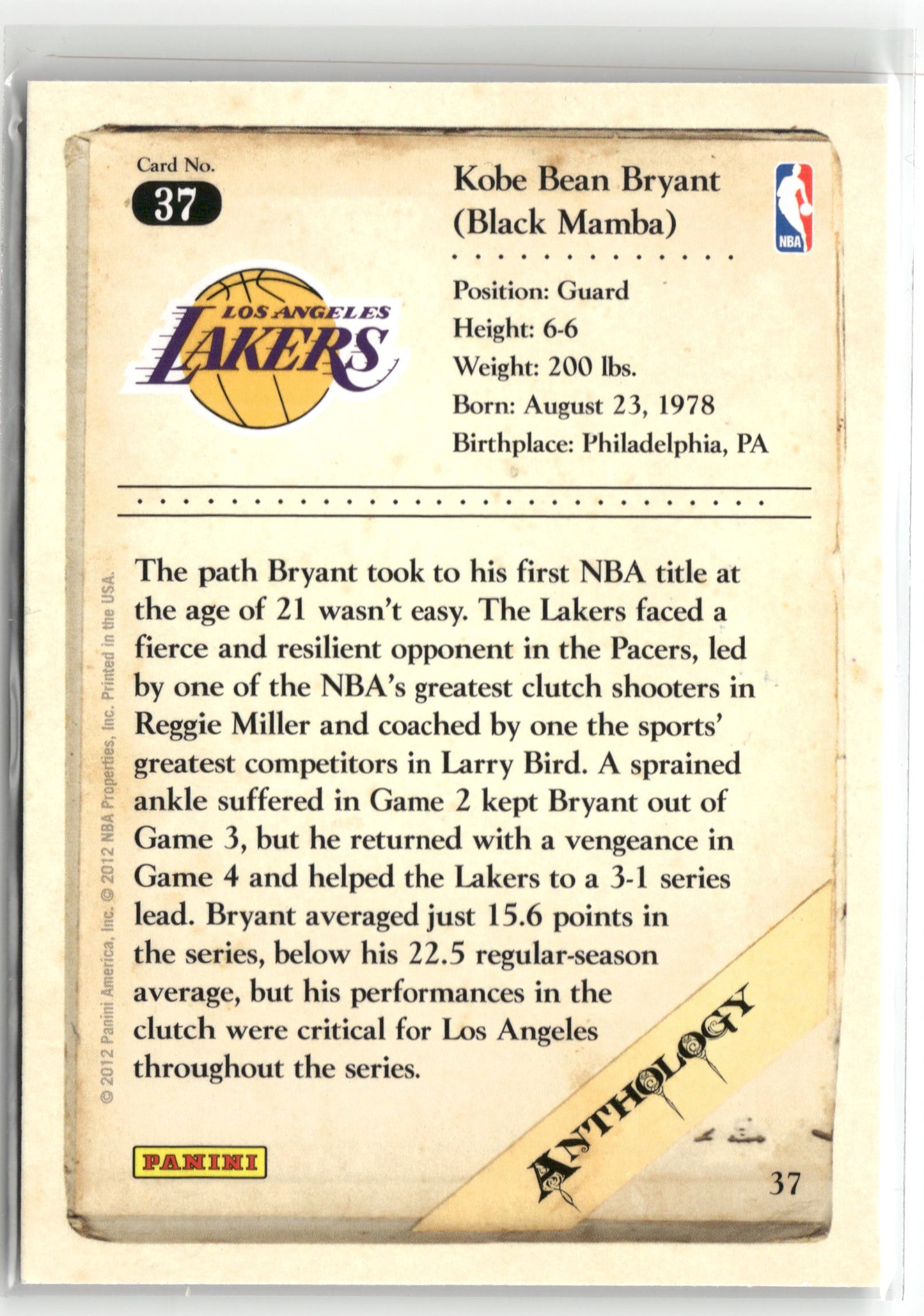 Basketball NBA Kobe Bryant 2012 Panini Kobe Anthology #37 Los Angeles Lakers Trading Card Original
