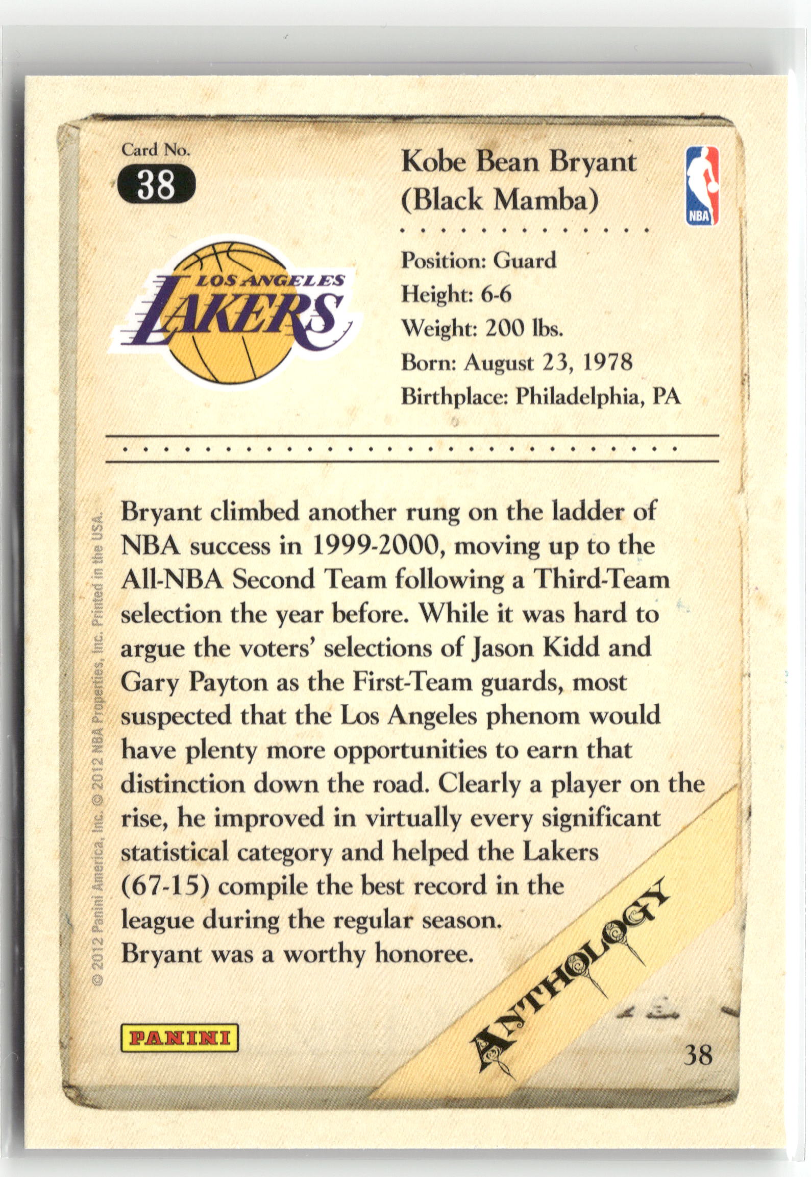 Basketball NBA Kobe Bryant 2012 Panini Kobe Anthology #38 Los Angeles Lakers Trading Card Original