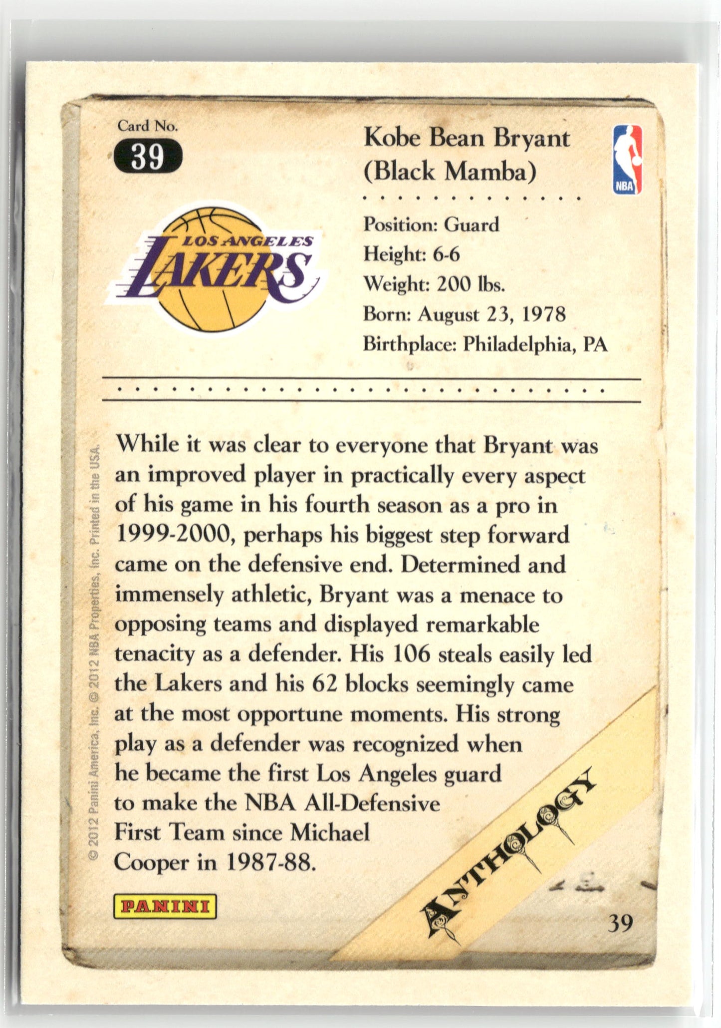 Basketball NBA Kobe Bryant 2012 Panini Kobe Anthology #39 Los Angeles Lakers Trading Card Original