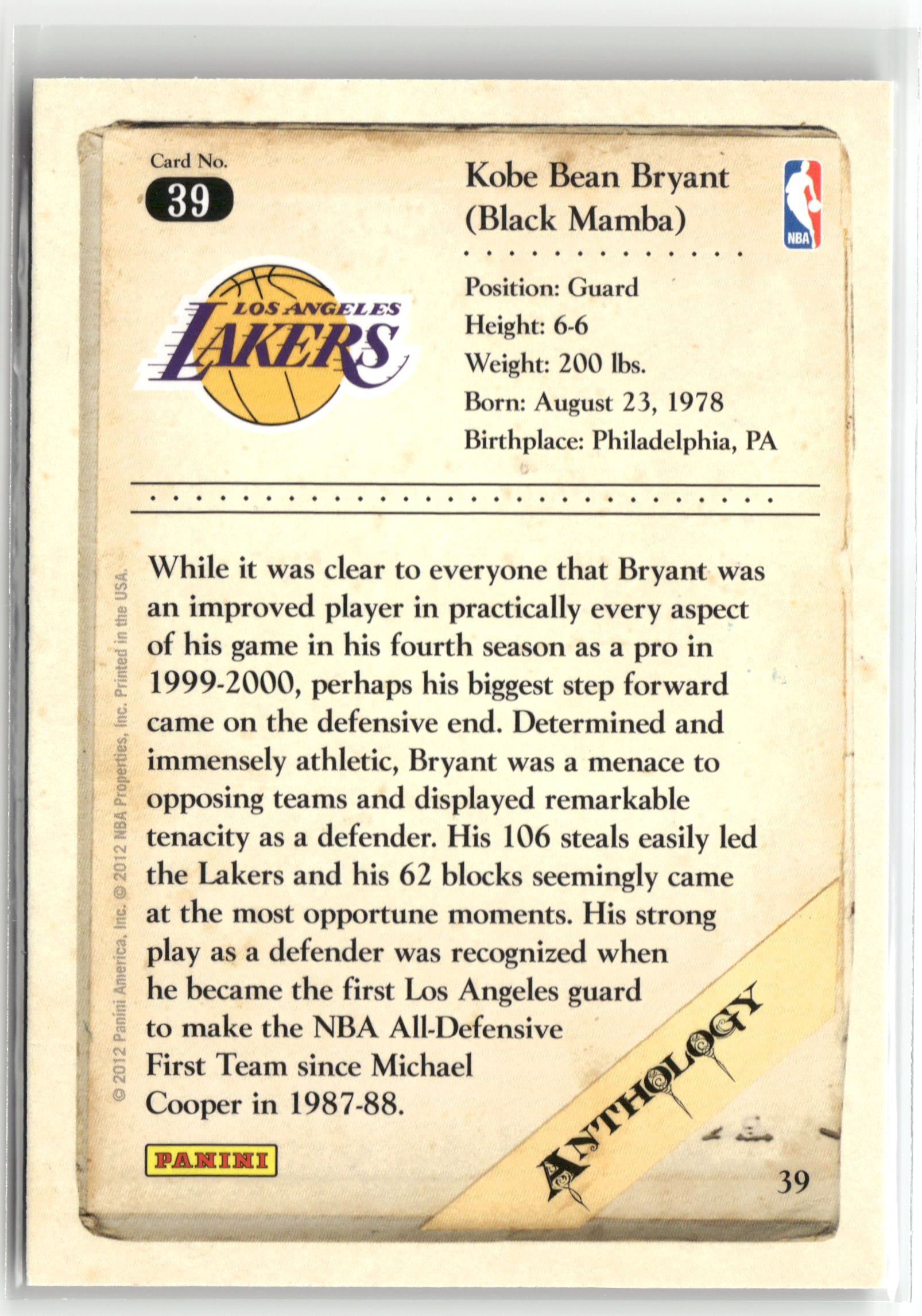 Basketball NBA Kobe Bryant 2012 Panini Kobe Anthology #39 Los Angeles Lakers Trading Card Original