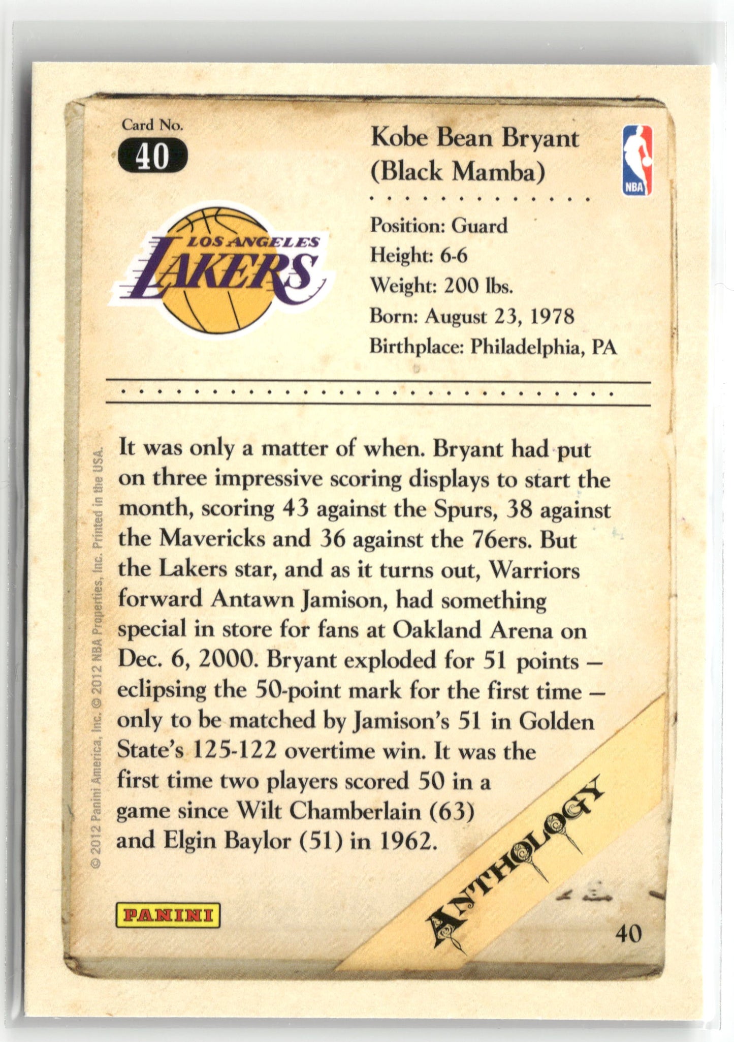 Basketball NBA Kobe Bryant 2012 Panini Kobe Anthology #40 Los Angeles Lakers Trading Card Original