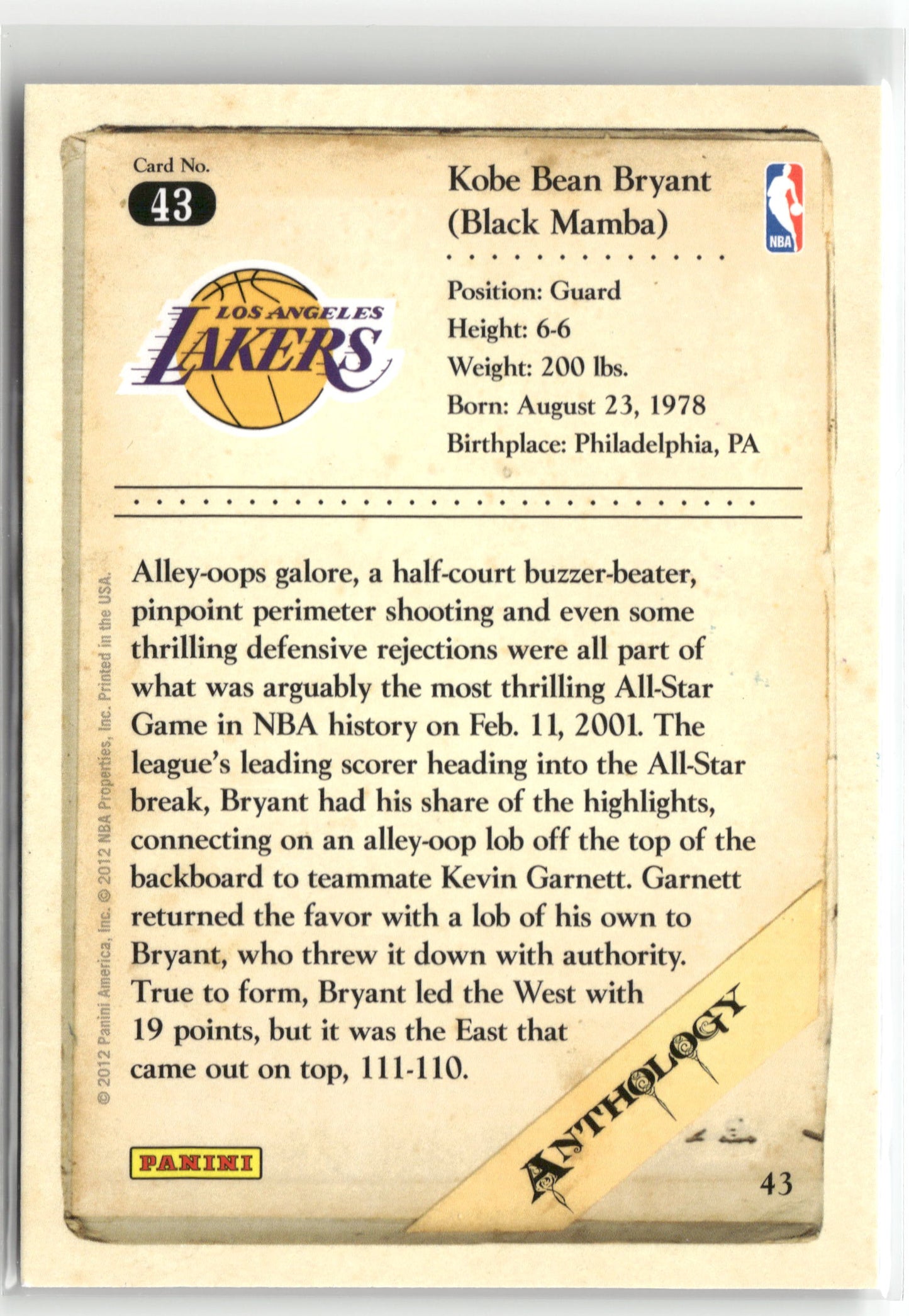 Basketball NBA Kobe Bryant 2012 Panini Kobe Anthology #43 Los Angeles Lakers Trading Card Original