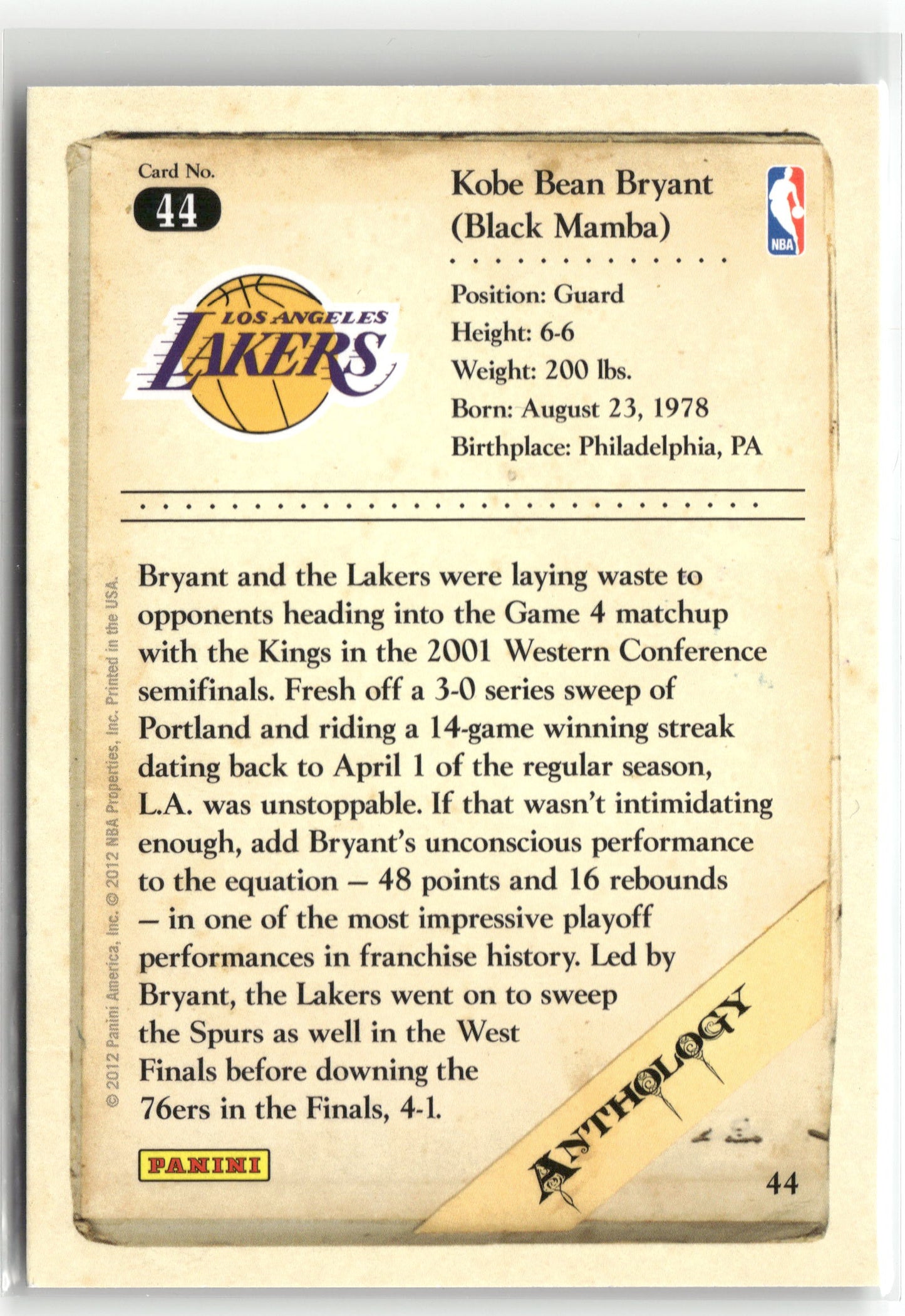 Basketball NBA Kobe Bryant 2012 Panini Kobe Anthology #44 Los Angeles Lakers Trading Card Original