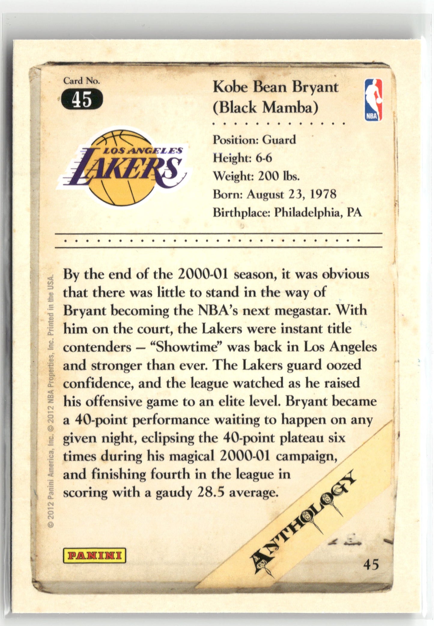 Basketball NBA Kobe Bryant 2012 Panini Kobe Anthology #45 Los Angeles Lakers Trading Card Original