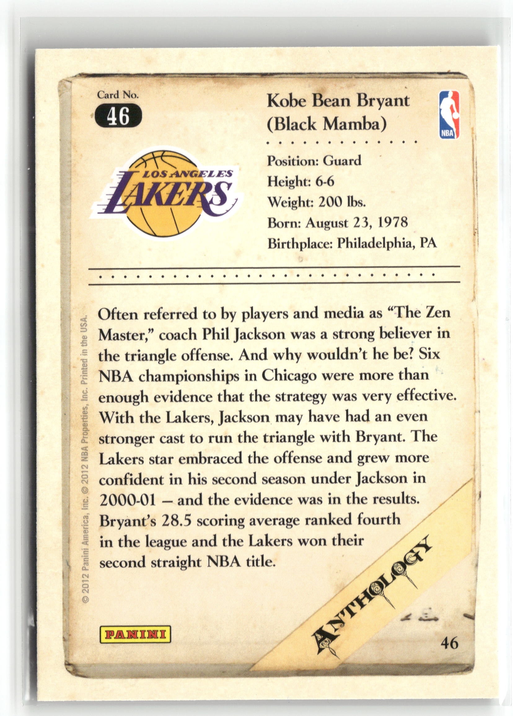 Basketball NBA Kobe Bryant 2012 Panini Kobe Anthology #46 Los Angeles Lakers Trading Card Original