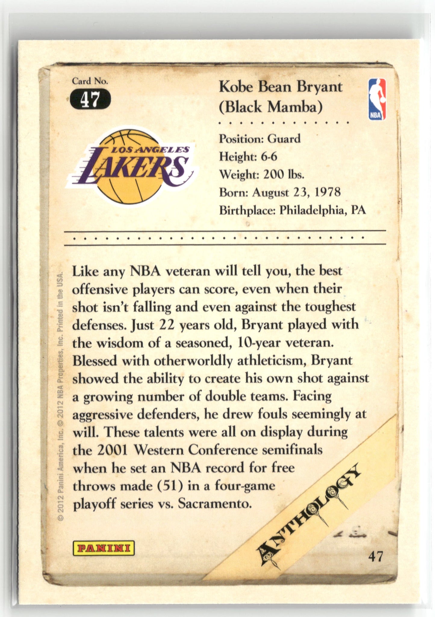 Basketball NBA Kobe Bryant 2012 Panini Kobe Anthology #47 Los Angeles Lakers Trading Card Original